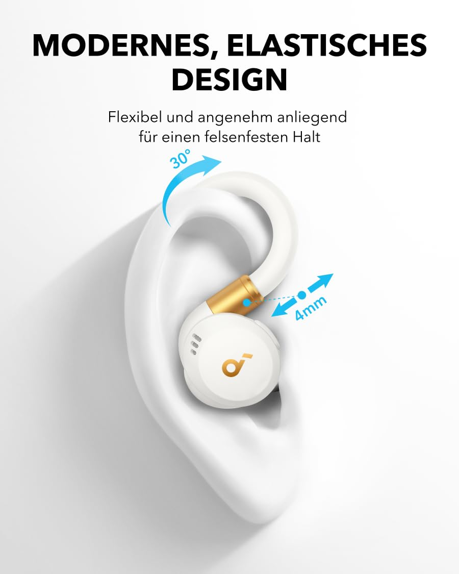 Écouteur blanc avec crochet flexible sur un modèle d'oreille, montrant une rotation de 30 degrés et 4 mm.