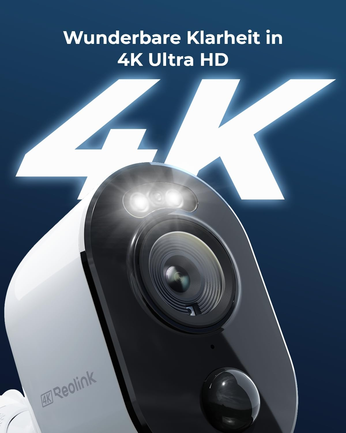 Una telecamera di sicurezza Reolink 4K bianca su sfondo blu con testo luminoso.