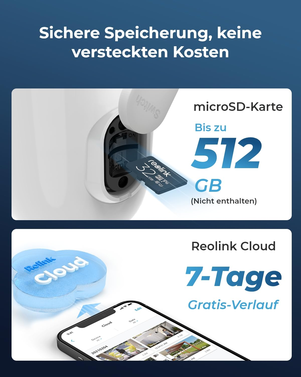 Promo storage Reolink: scheda microSD fino a 512 GB e Reolink Cloud con 7 giorni di cronologia gratuita.