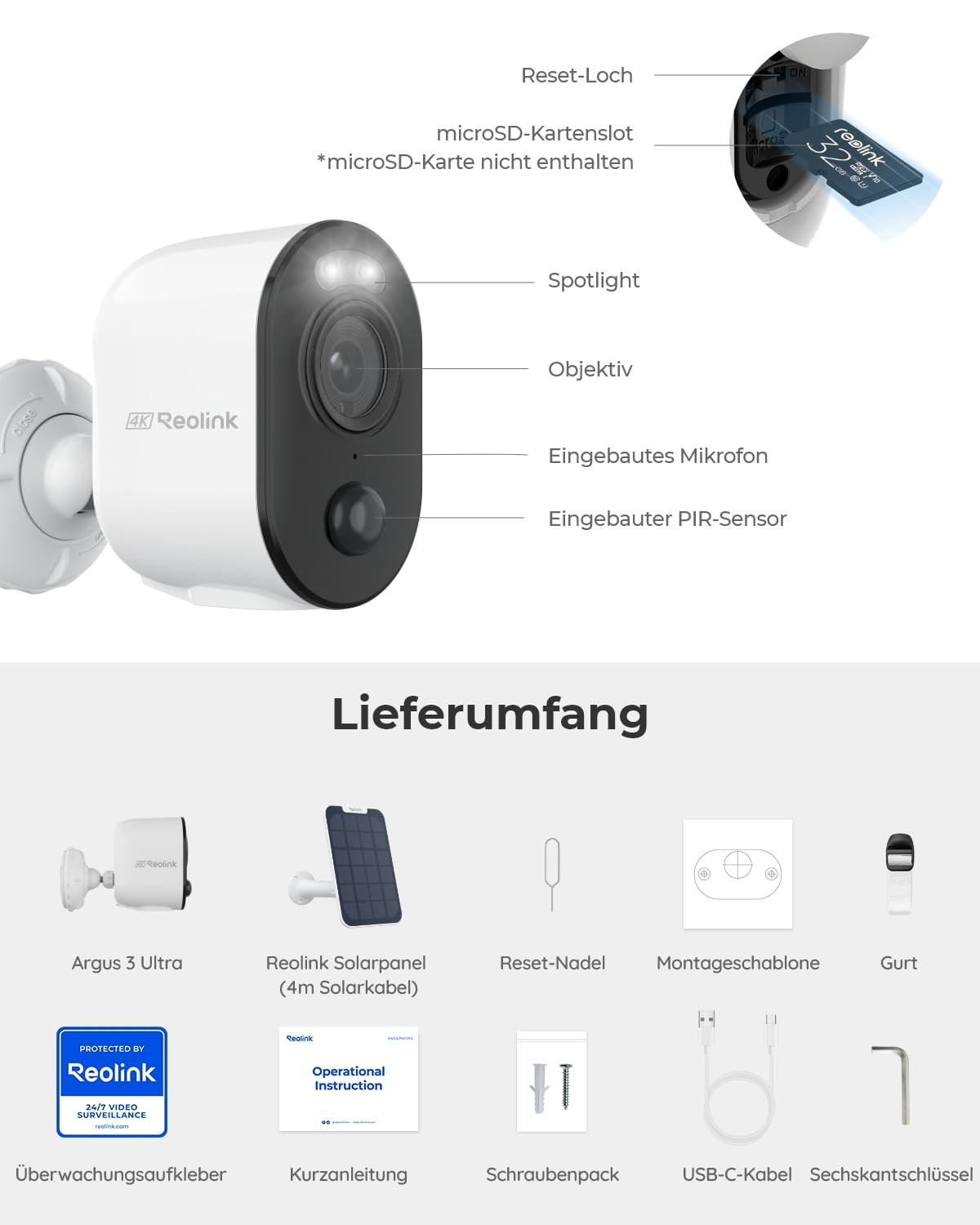 Schema della telecamera Reolink con parti e accessori inclusi.