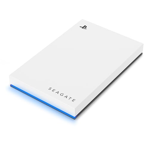 Eine weiße Seagate-Festplatte mit PlayStation-Logo und blauer Beleuchtung auf weißem Hintergrund.
