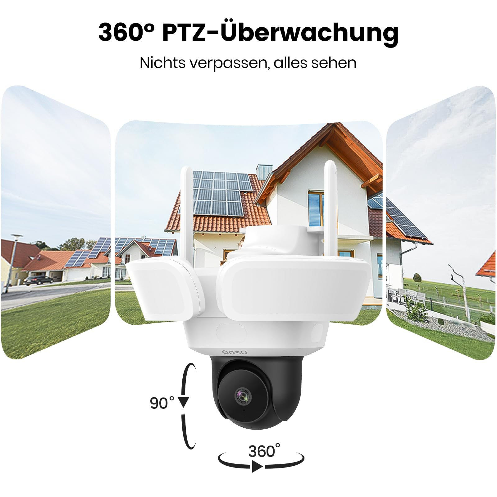 Telecamera di sicurezza PTZ bianca con doppi faretti e visuale a 360 gradi davanti a una casa.