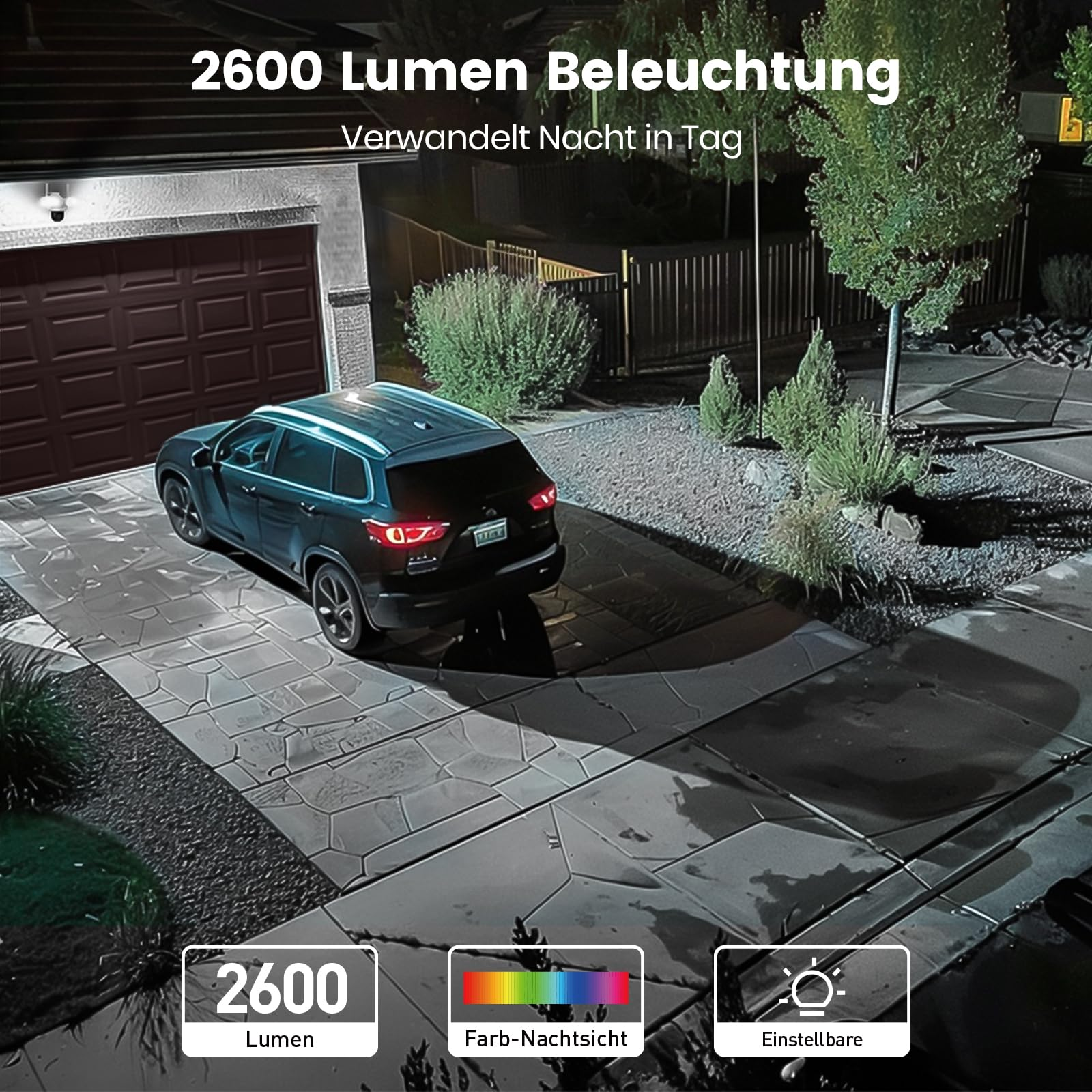 Una luminosa telecamera esterna illumina un'auto nel vialetto di notte, testo su 2600 lumen e tre icone.