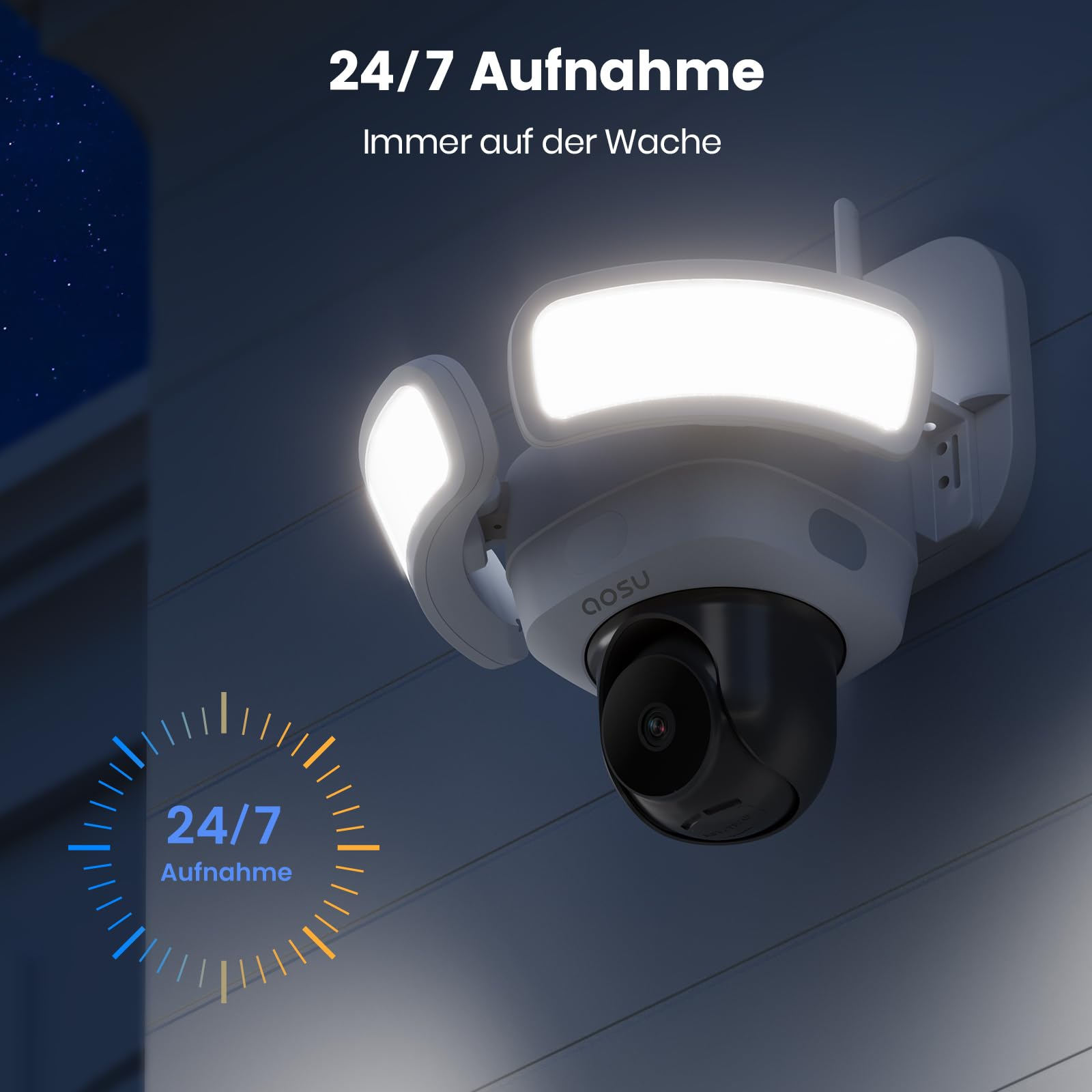 Telecamera di sicurezza a parete con due fari LED illuminati all'aperto di notte.