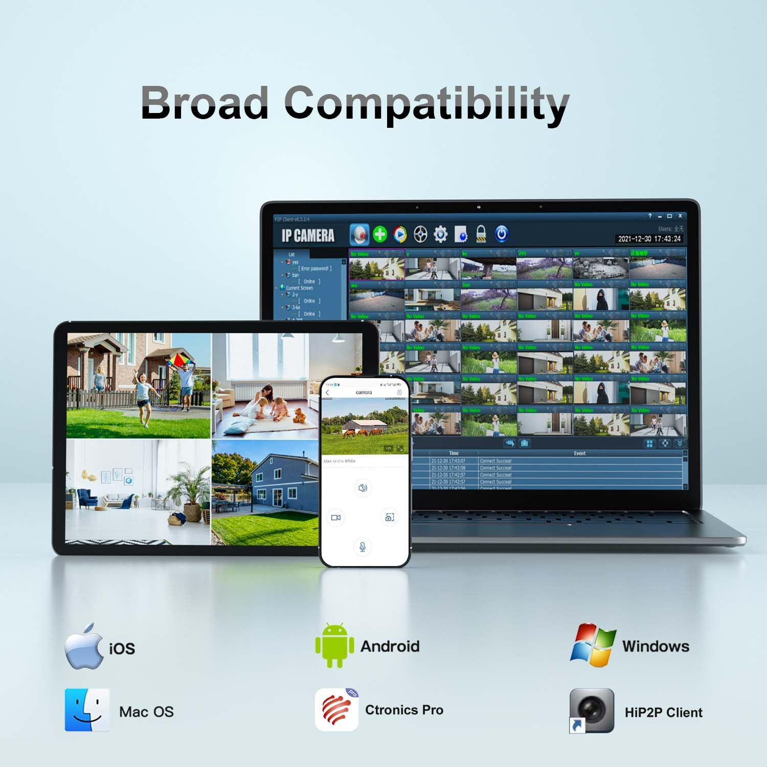 Laptop, tablet e smartphone mostrano i feed delle telecamere di sicurezza per un'ampia compatibilità.