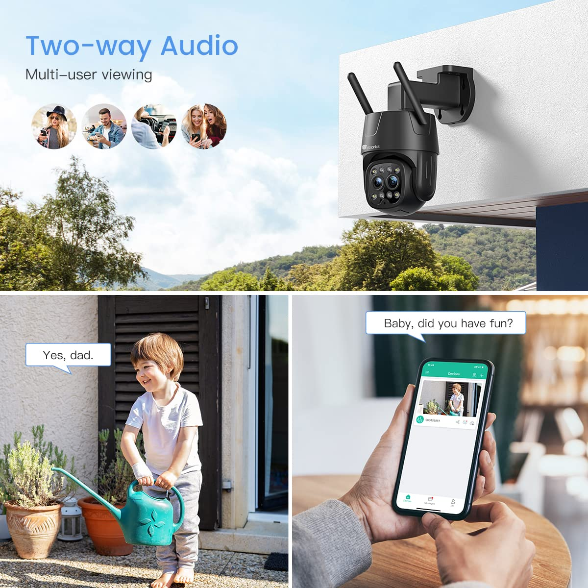 Telecamera di sicurezza, un bambino con annaffiatoio in giardino e app per smartphone con audio bidirezionale.