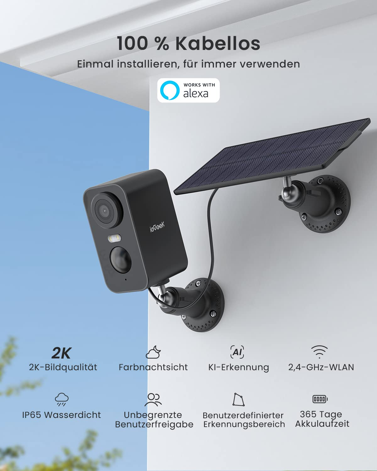 Telecamera di sicurezza 2K impermeabile con pannello solare, compatibile con Alexa, wireless e IA.