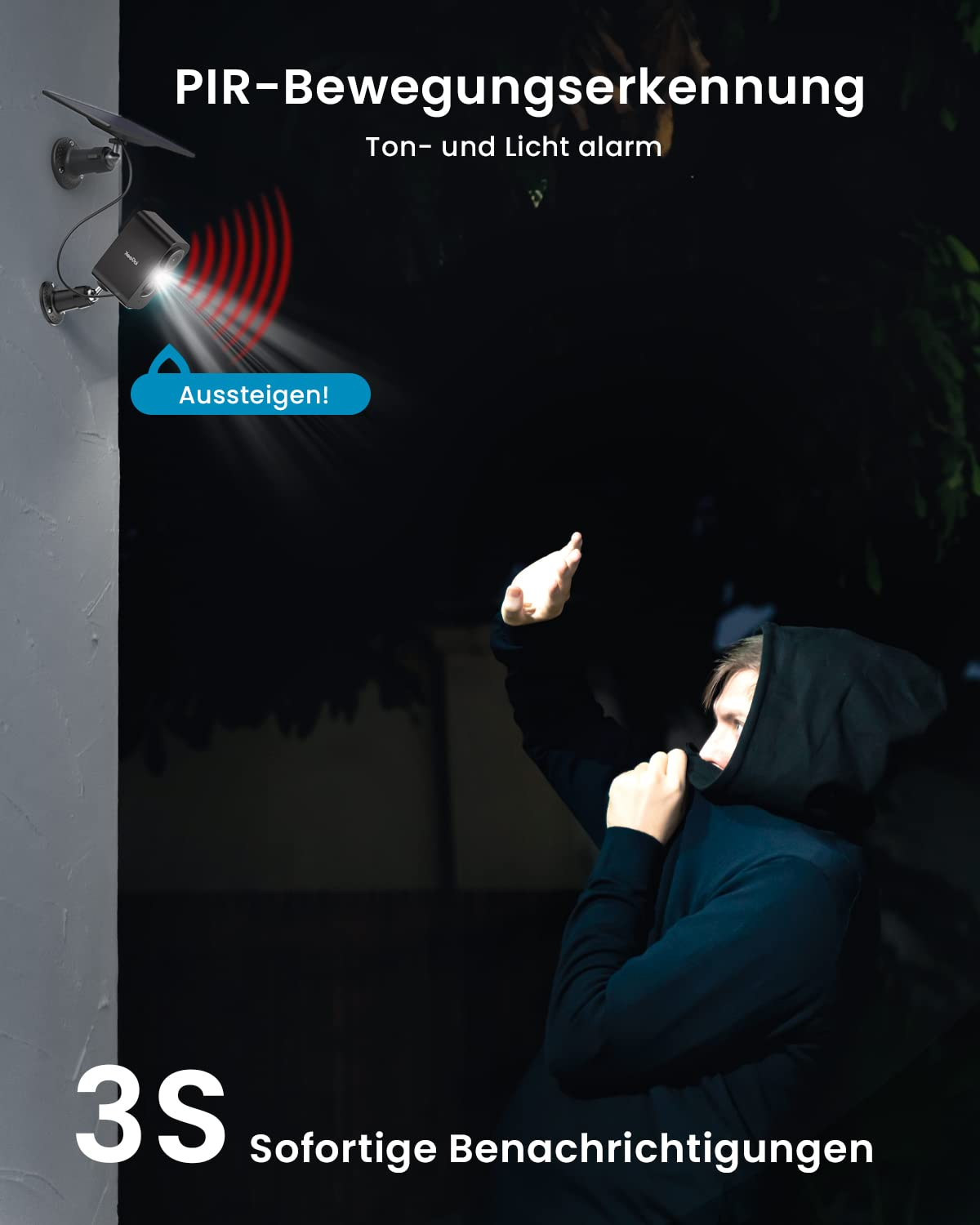 Telecamera di sicurezza con rilevamento di movimento illumina un intruso al buio.