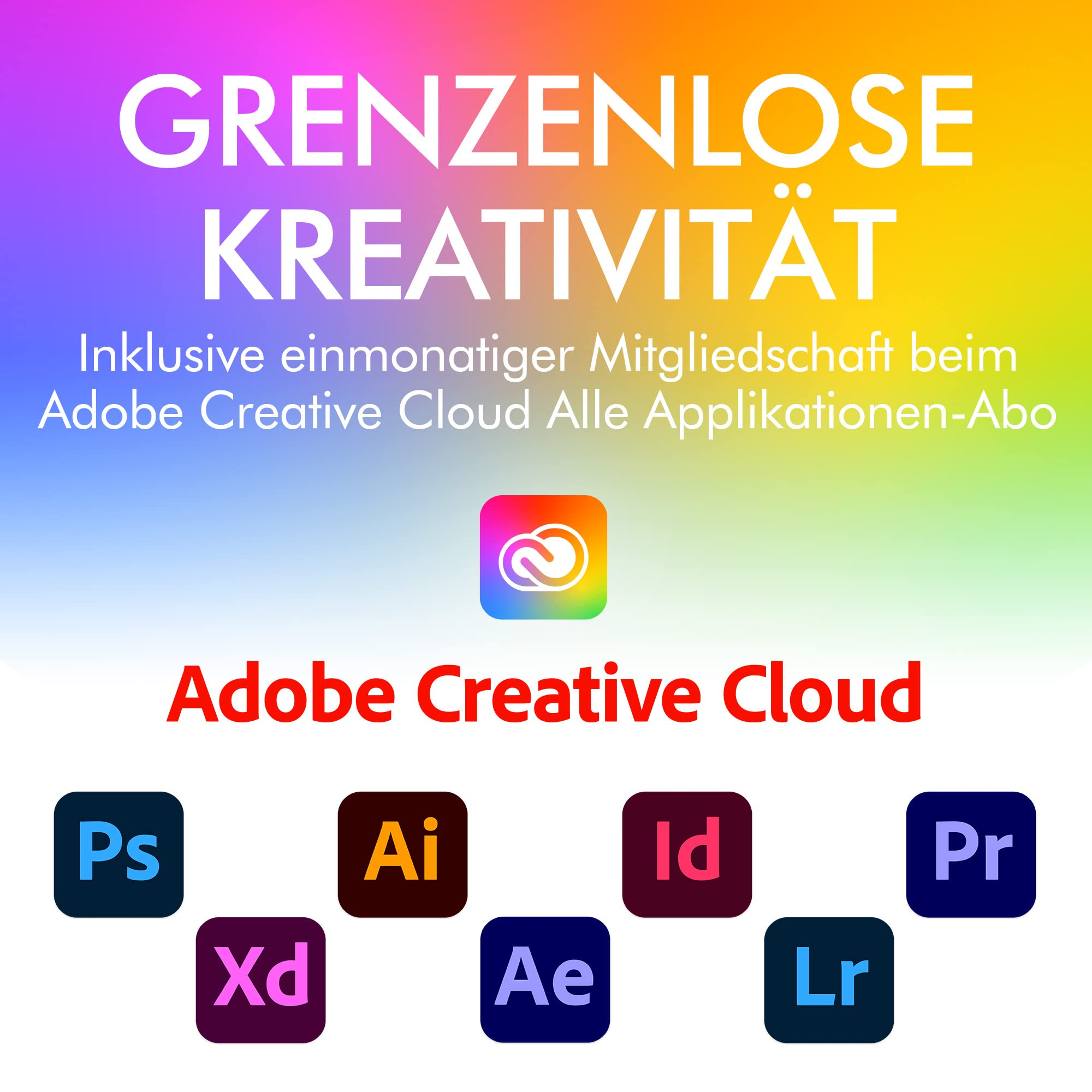 Pubblicità di Adobe Creative Cloud con sfumature colorate e loghi di app.