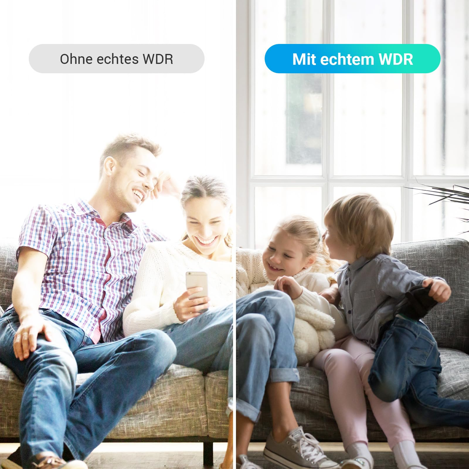 Immagine di confronto: sinistra sovraesposta senza WDR, destra chiara ed equilibrata con vero WDR.