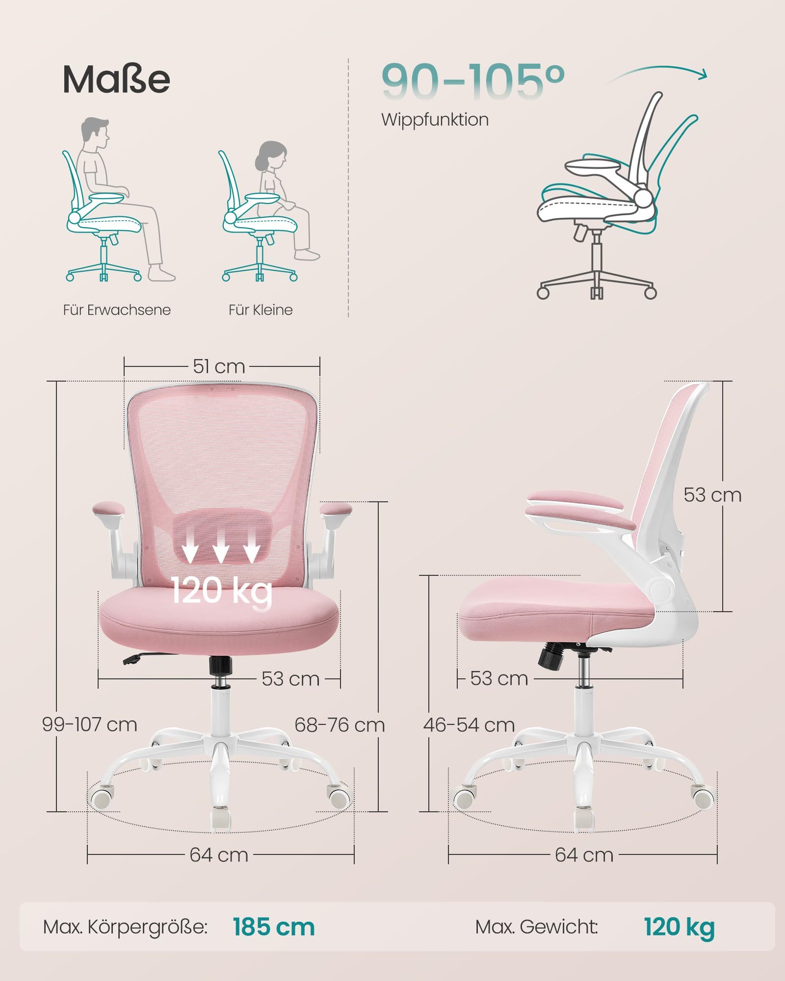 Infographie montrant les dimensions, la limite de poids et les caractéristiques d'une chaise de bureau rose.