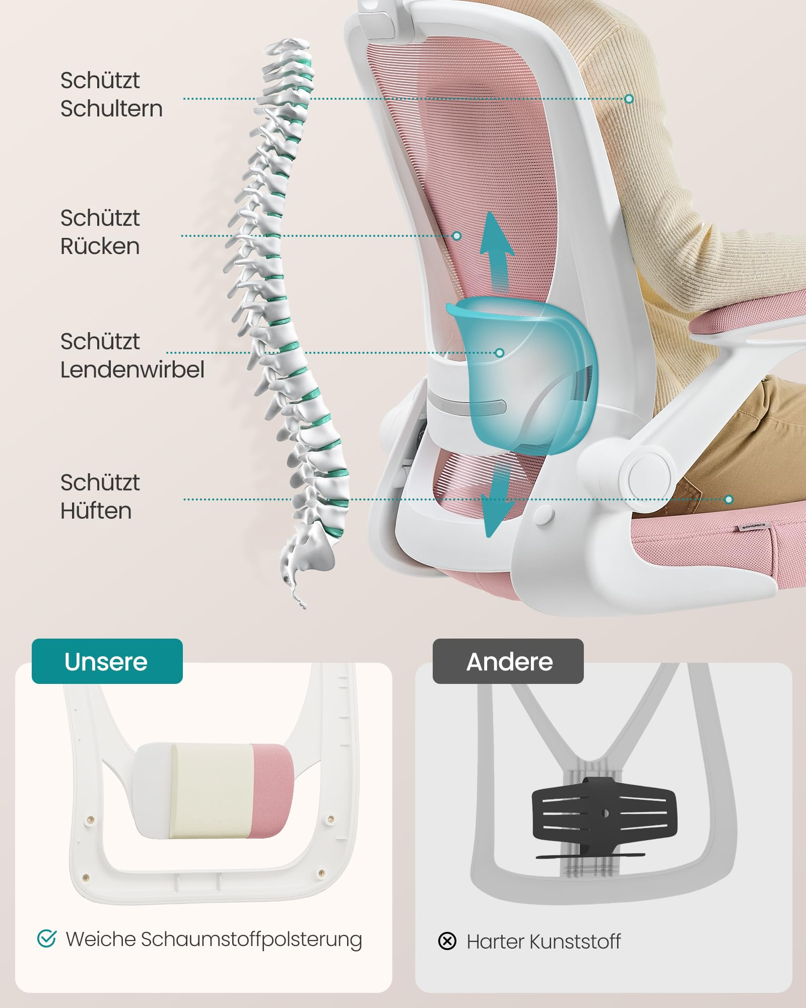 Chaise ergonomique avec support lombaire et schéma de colonne.