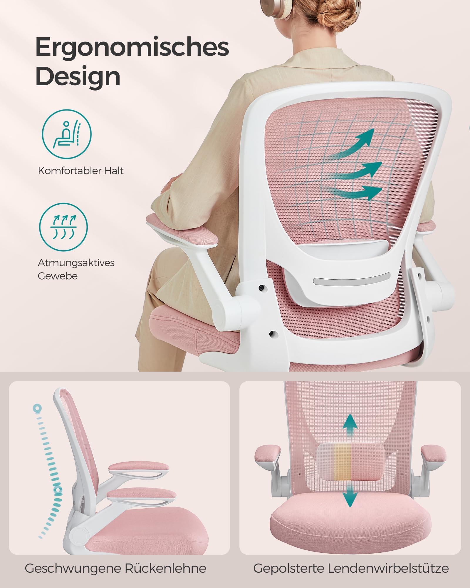 Chaise de bureau ergonomique blanche et rose avec résille respirante et support lombaire.