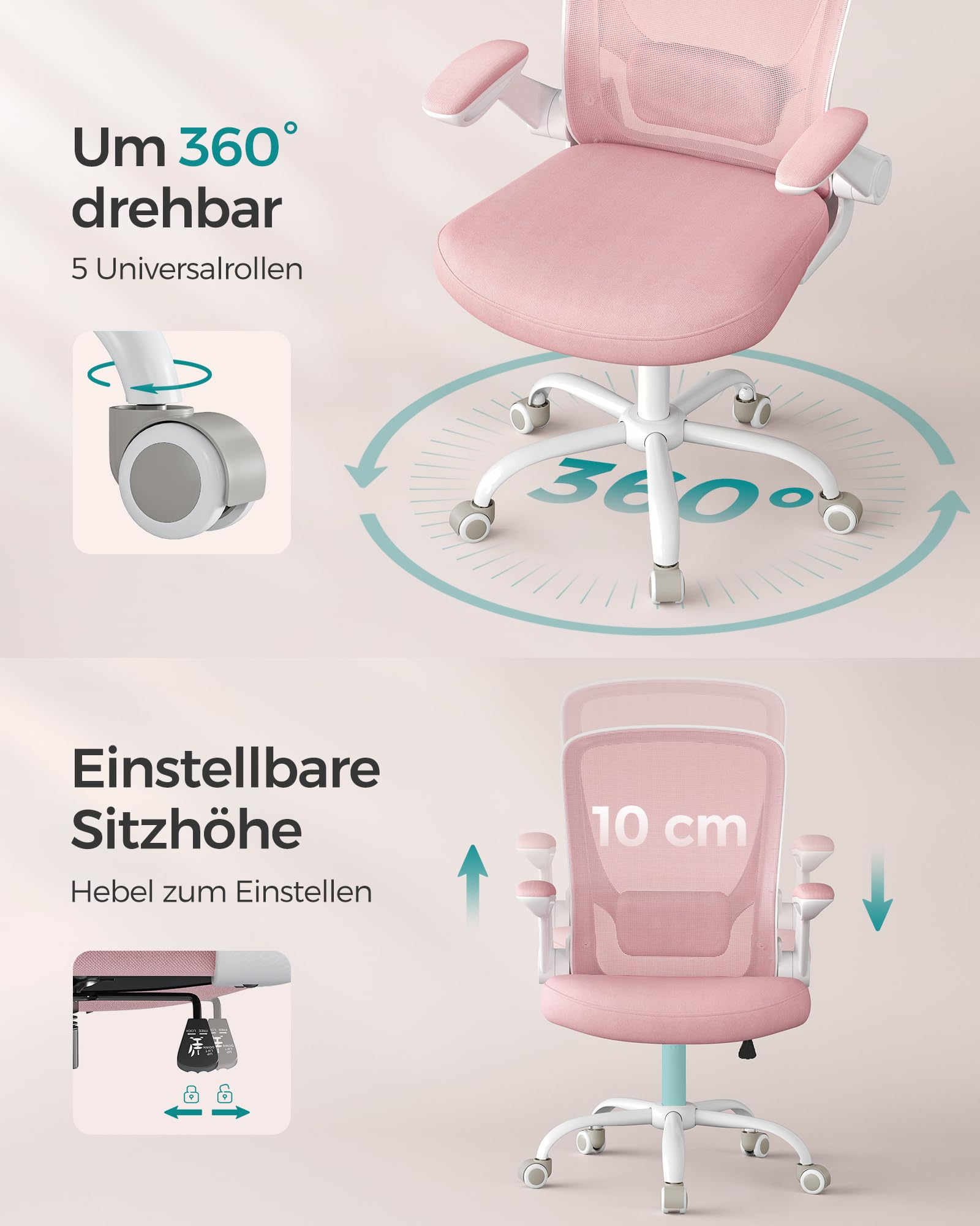 Chaise de bureau rose avec rotation à 360 degrés et hauteur d'assise réglable illustrée.