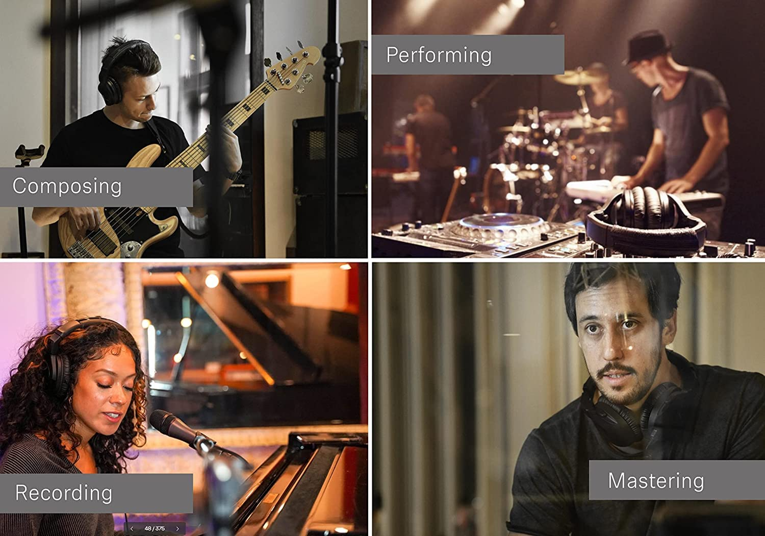 Quattro pannelli che mostrano le fasi di creazione musicale: composizione, esibizione, registrazione e mastering.