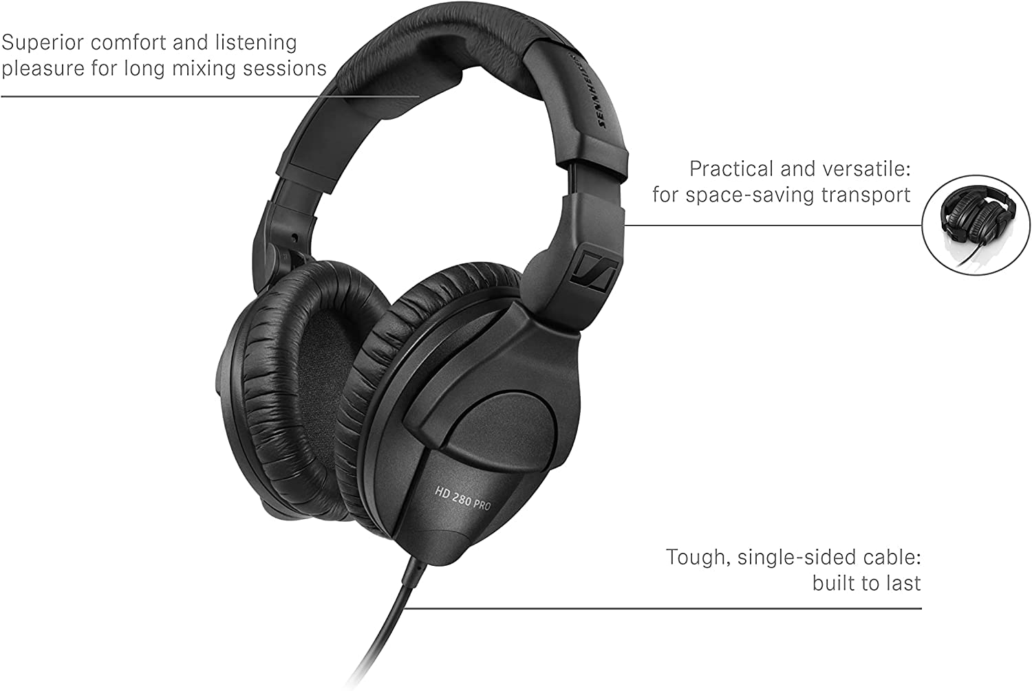 Cuffie nere Sennheiser HD 280 Pro con descrizioni di comfort, cavo e design pieghevole.