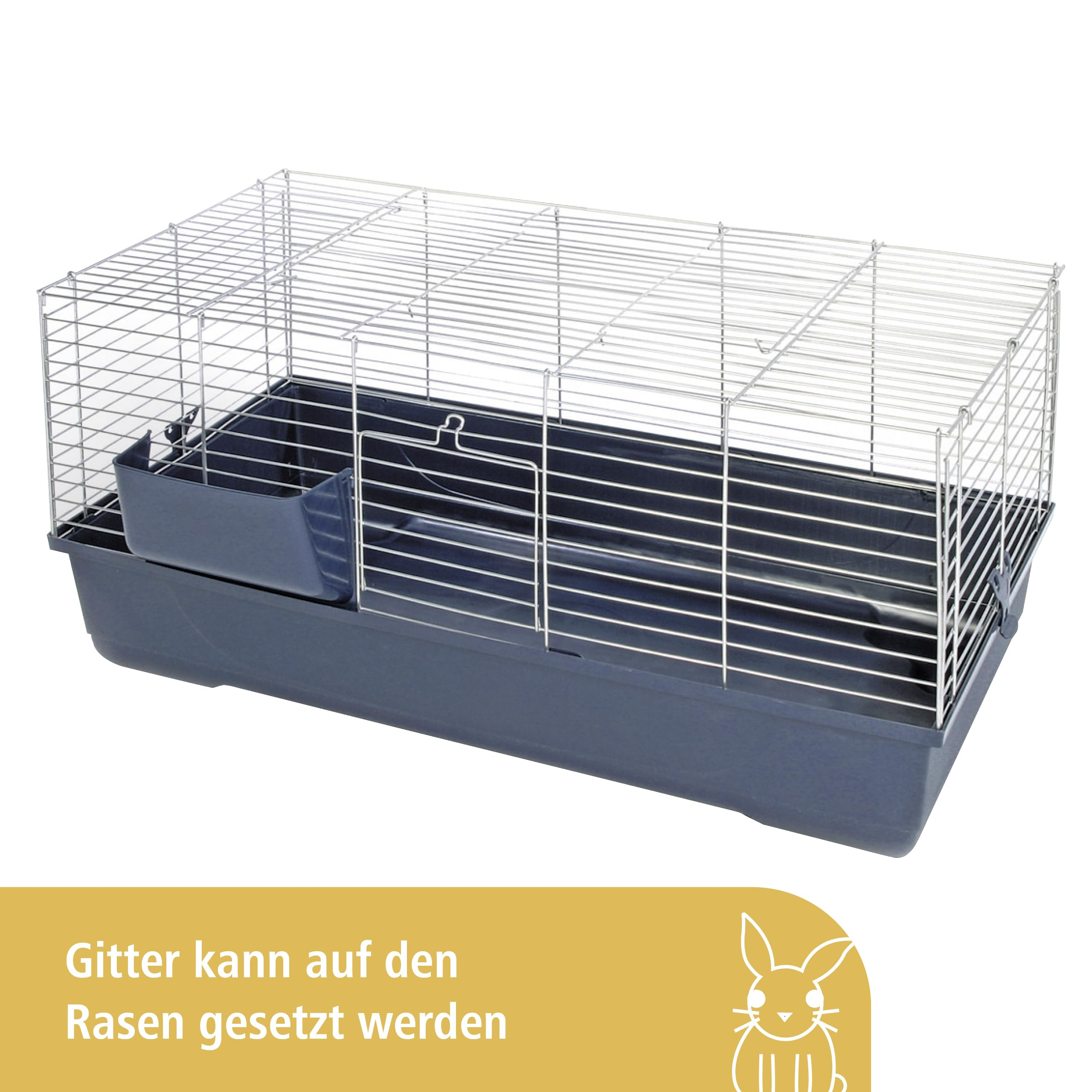 Una gabbia blu per piccoli animali con parte superiore in filo d'argento e base in plastica.