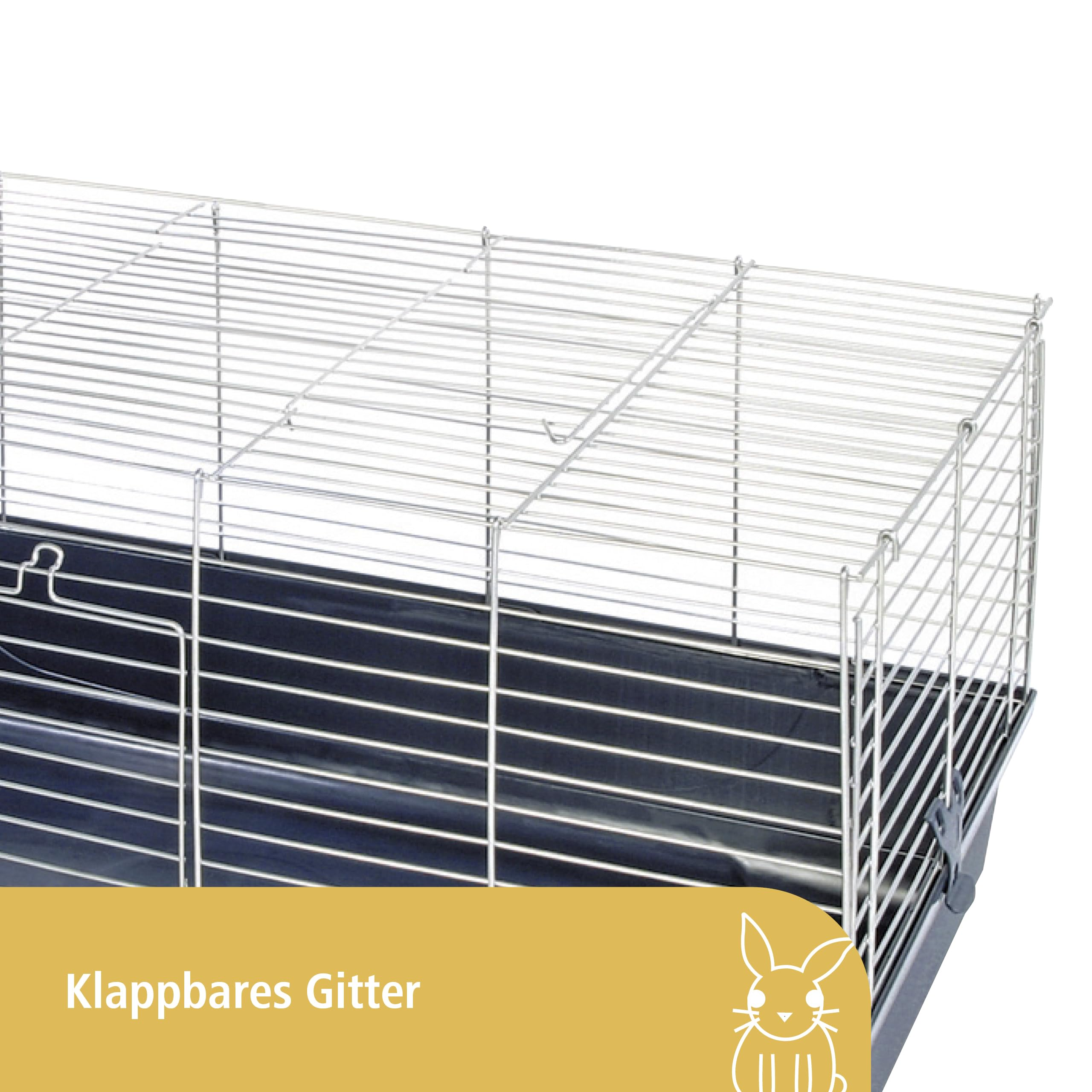 Una gabbia in filo metallico argento con base nera e un banner giallo con la scritta Klappbares Gitter.
