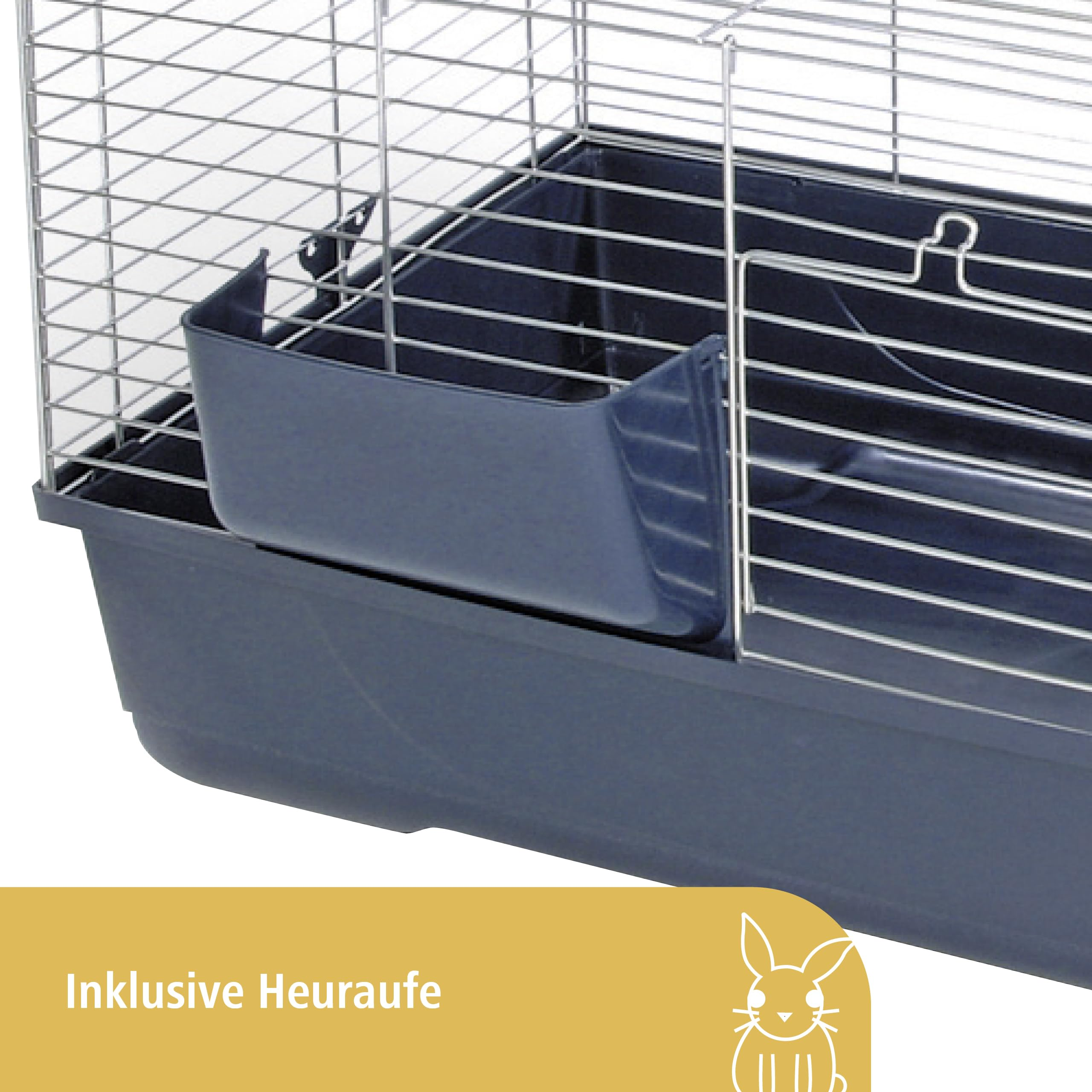 Gabbia in filo metallico con fondo in plastica e fieniera scura.