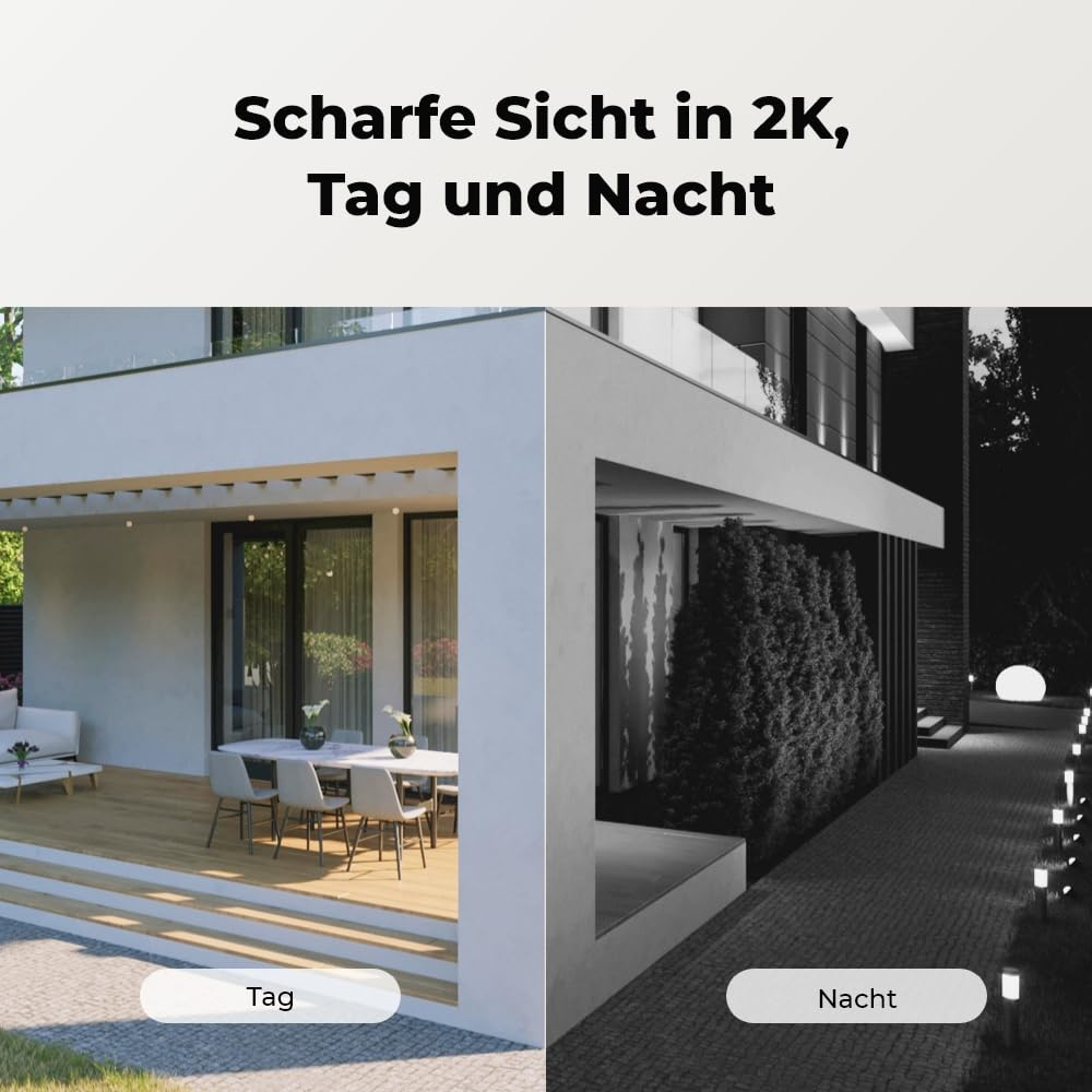 Comparaison d'un patio moderne de jour et de nuit, mettant en valeur la clarté 2K.
