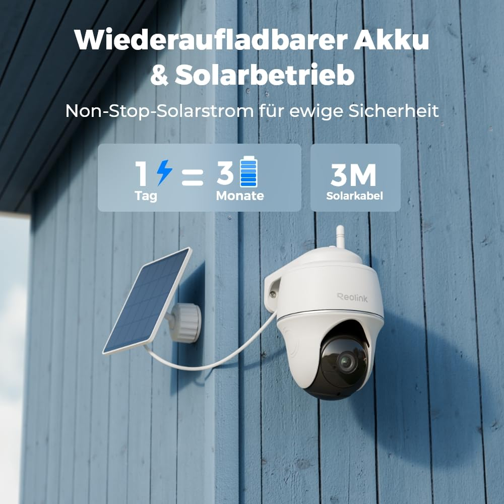 Batterie rechargeable à énergie solaire connectée à une caméra de sécurité sur un mur bleu.