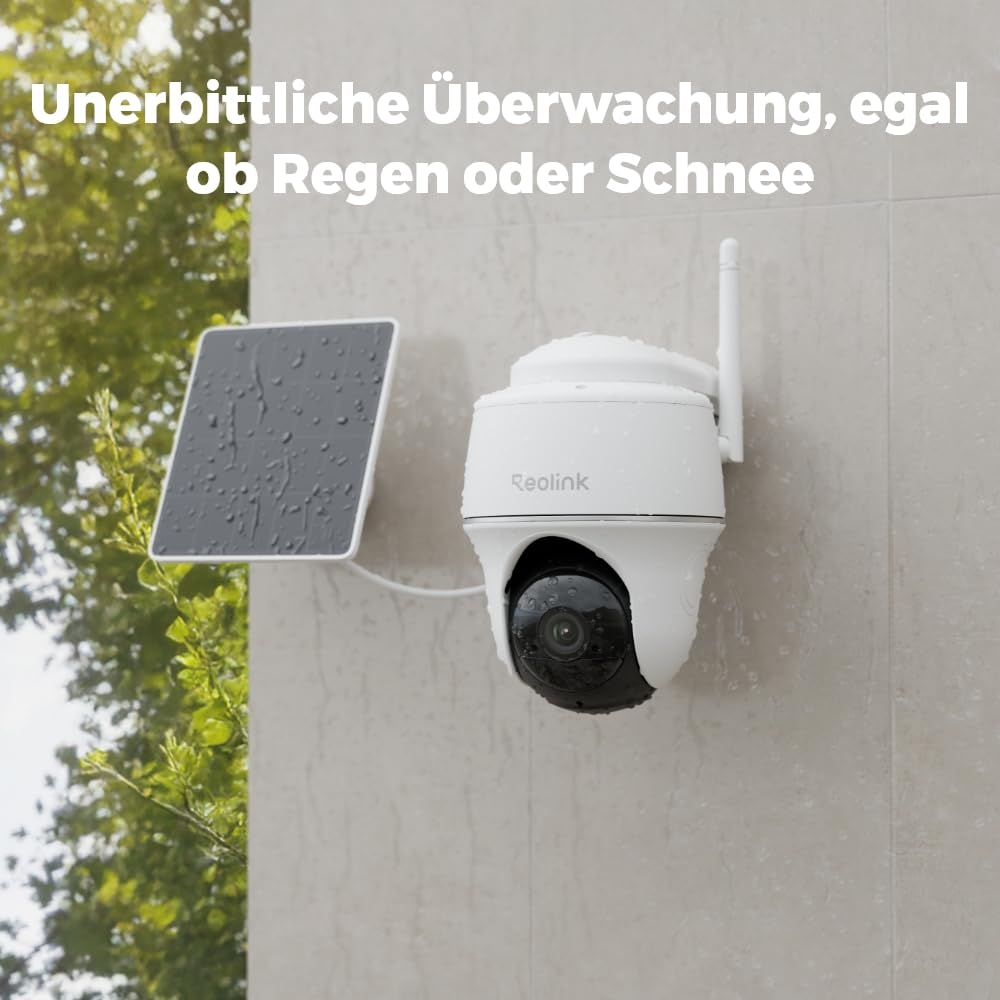 Caméra de sécurité étanche avec panneau solaire sur mur clair avec texte allemand.