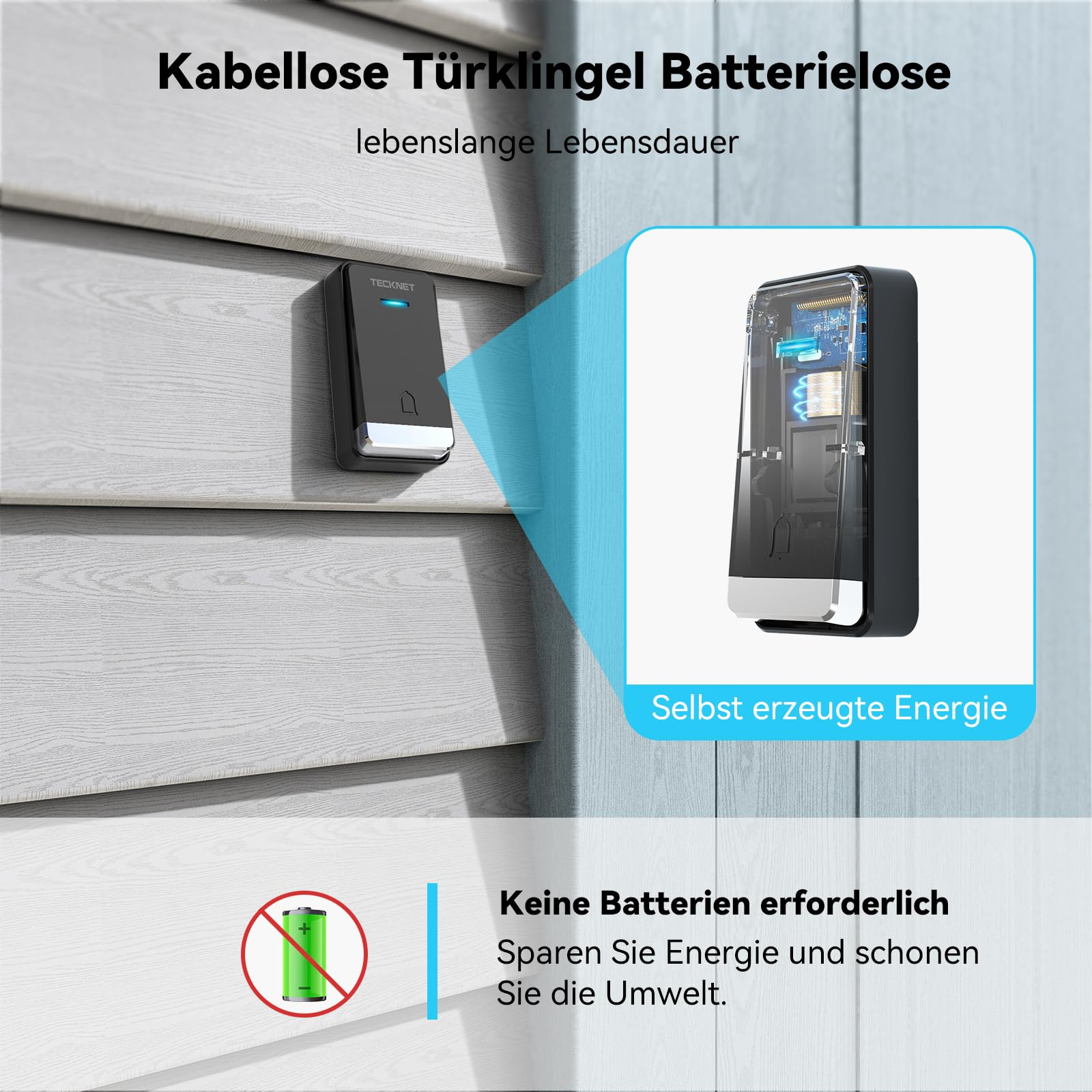Kabellose, batterielose Türklingel mit selbst erzeugter Energie und Texten auf Deutsch.