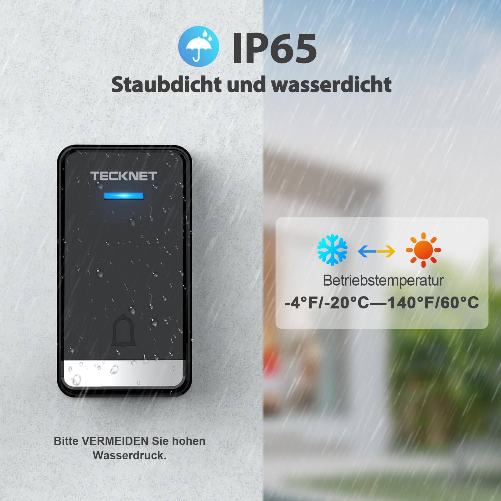 Wasserdichte Tecknet-Türklingel mit IP65-Zertifizierung und Betriebs temperatures von -20°C bis 60°C im Regen.