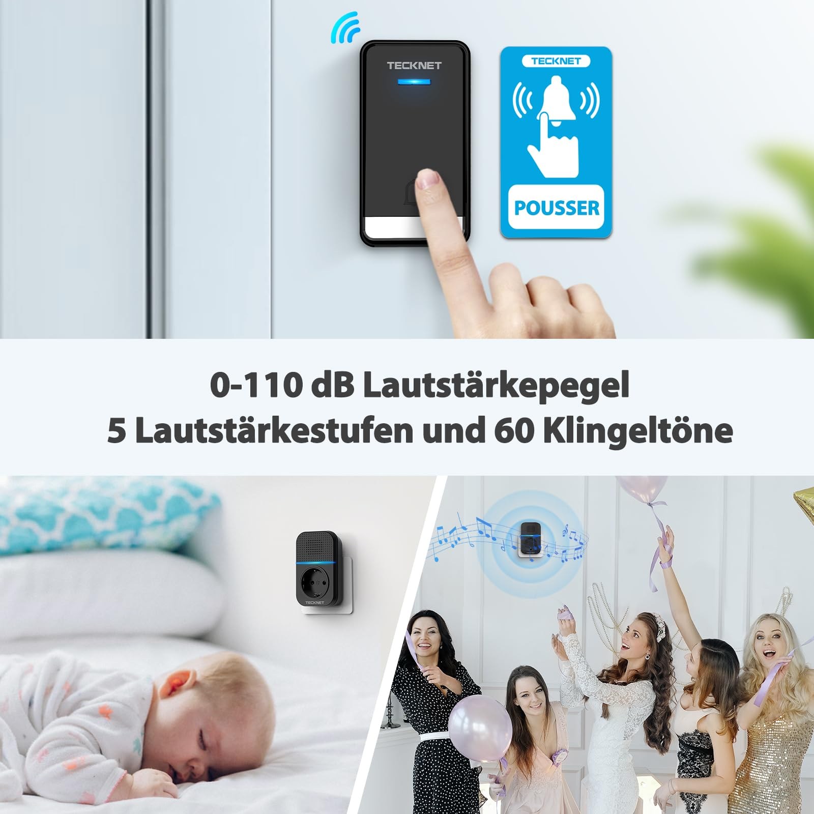 Eine Hand drückt eine Tecknet-Türklingel. Unten schläft ein Baby und fünf Frauen feiern auf einer Party.