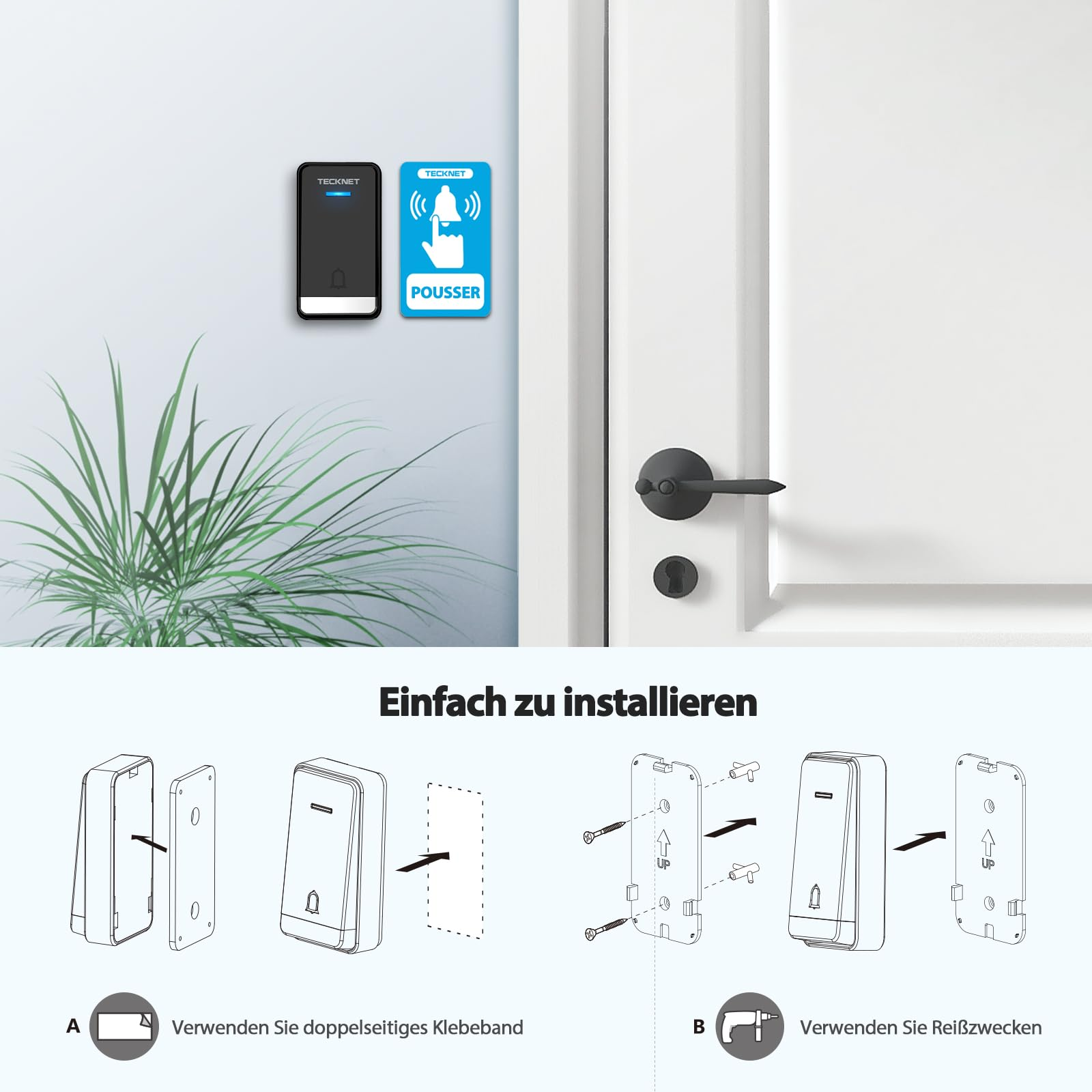 Eine schwarze Türklingel an der Wand neben einer weißen Tür mit Installationsanleitung unten.