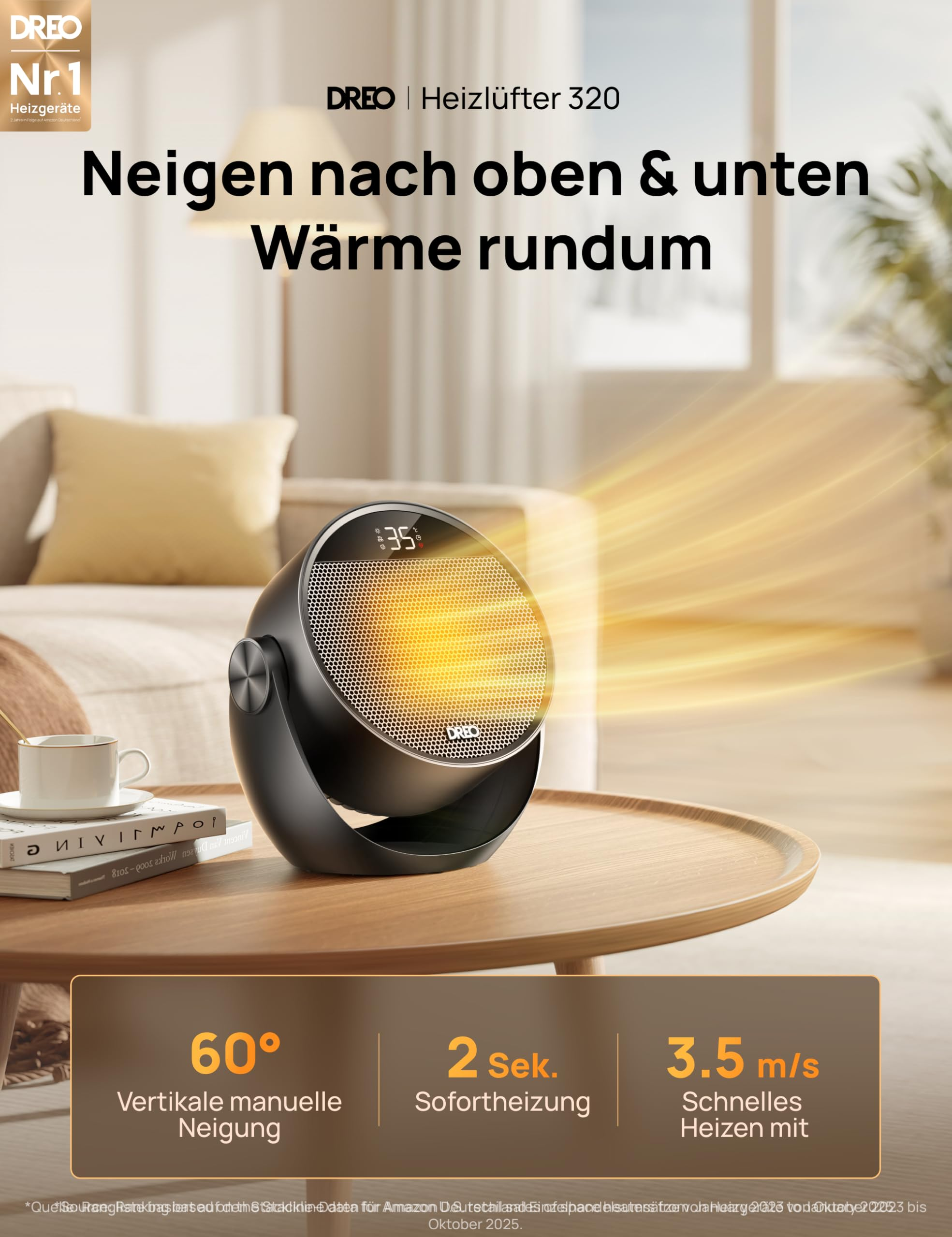 Ein runder, schwarzer Dreo-Heizlüfter auf einem Holztisch mit warmer Luftströmung in einem Wohnzimmer.