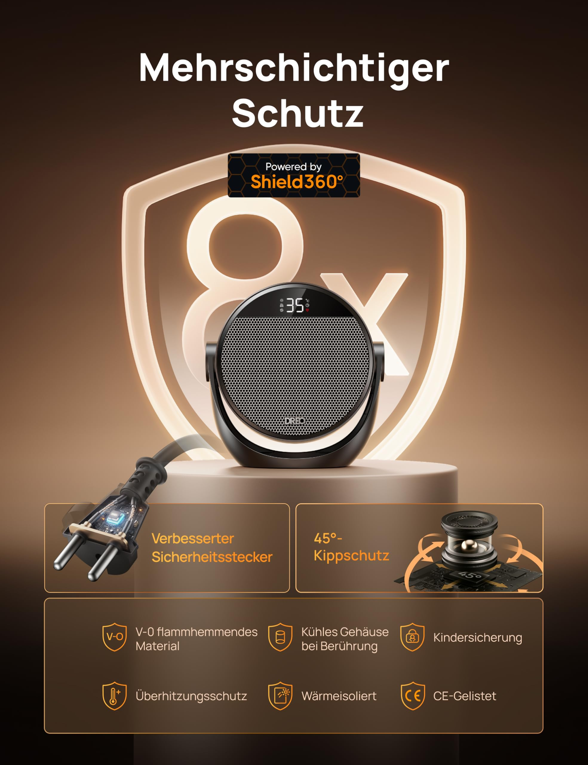 Ein runder Heizlüfter auf einem Podest zeigt Sicherheitsfeatures, ein beleuchtetes Schild und ein offenes Stromkabel.