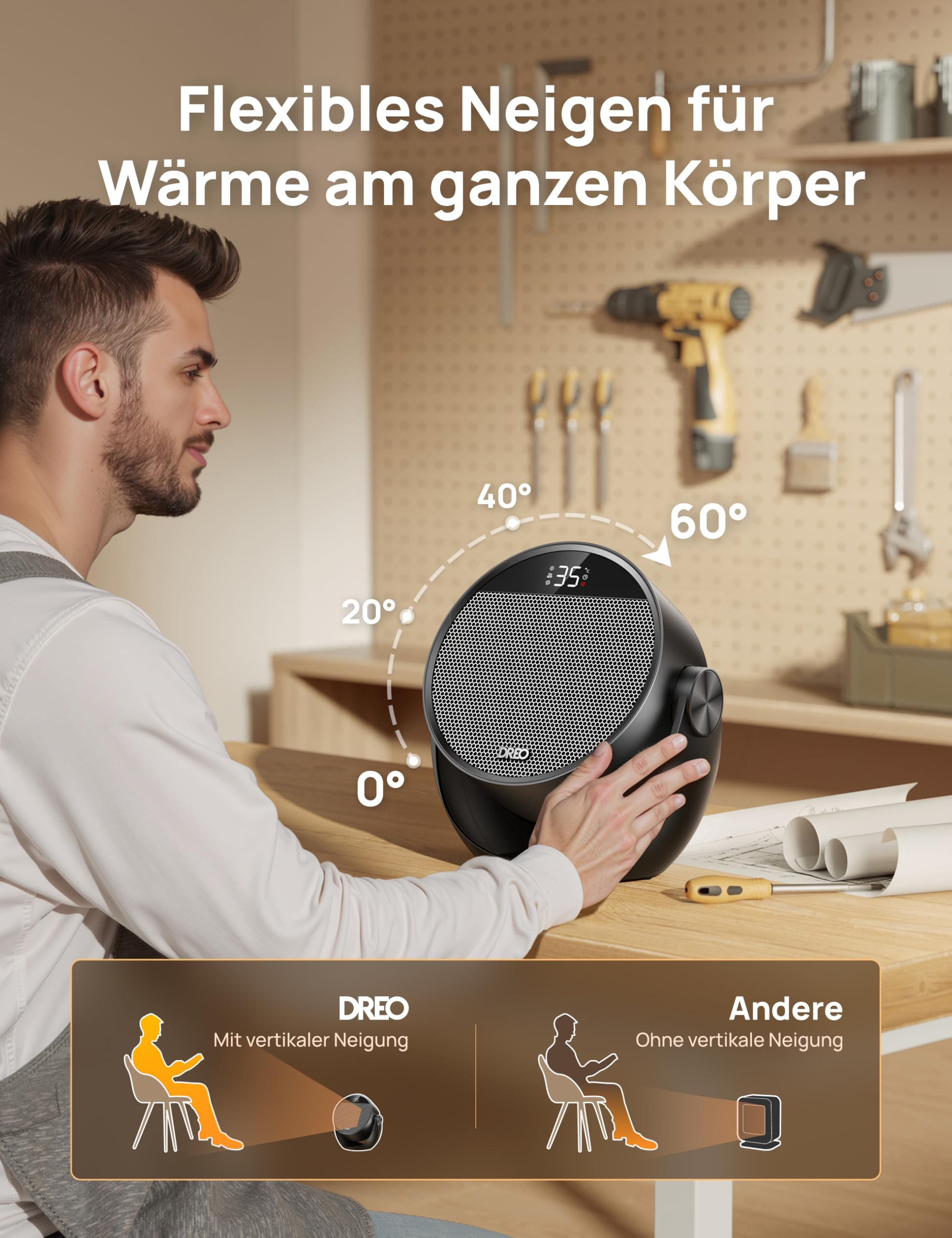 Ein Mann sitzt an einer Werkbank vor einem kleinen schwarzen Heizlüfter, der vertikal neigbar ist.