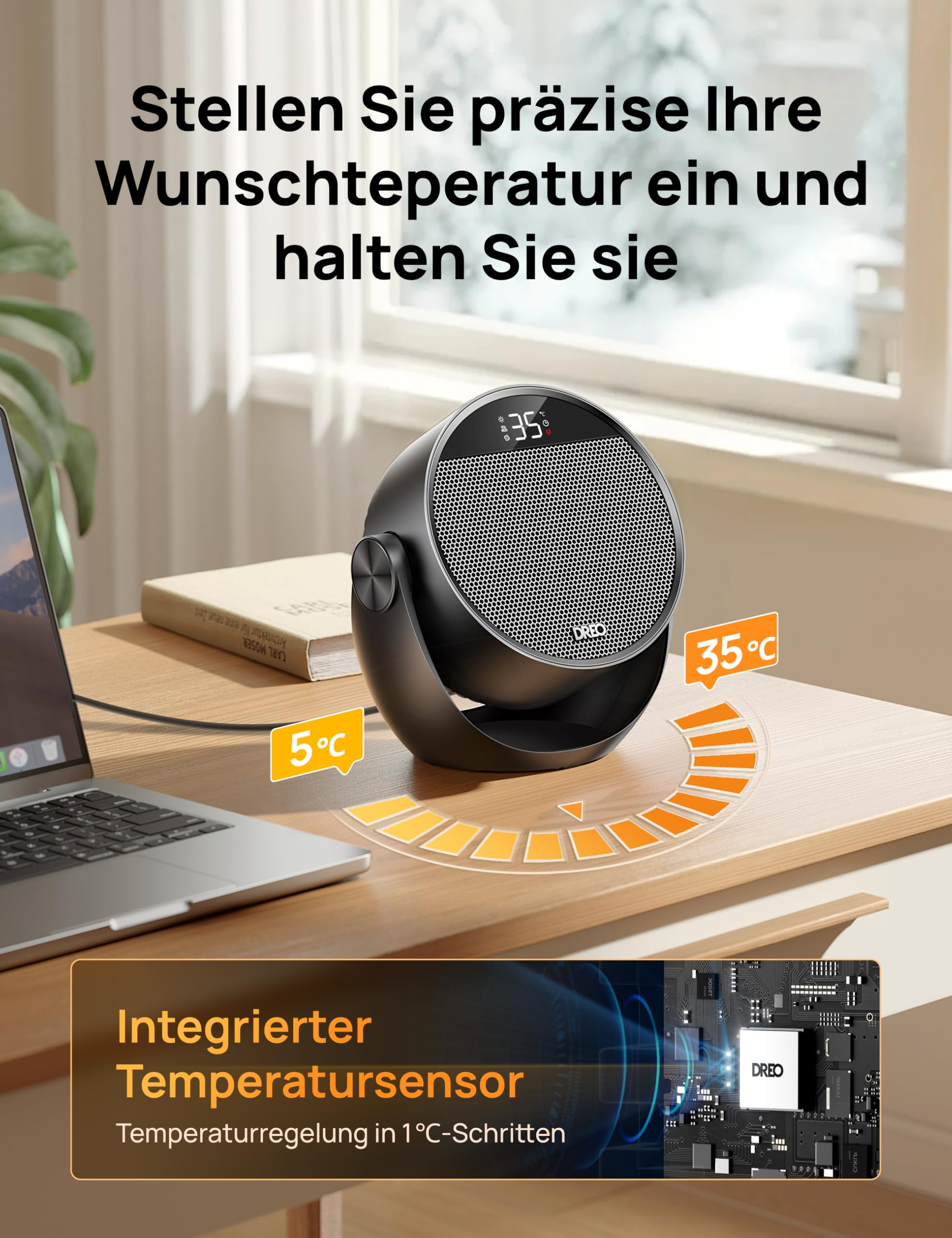 Ein schwarzer Tischheizer mit digitalem Display auf einem Holztisch, neben einem Laptop.
