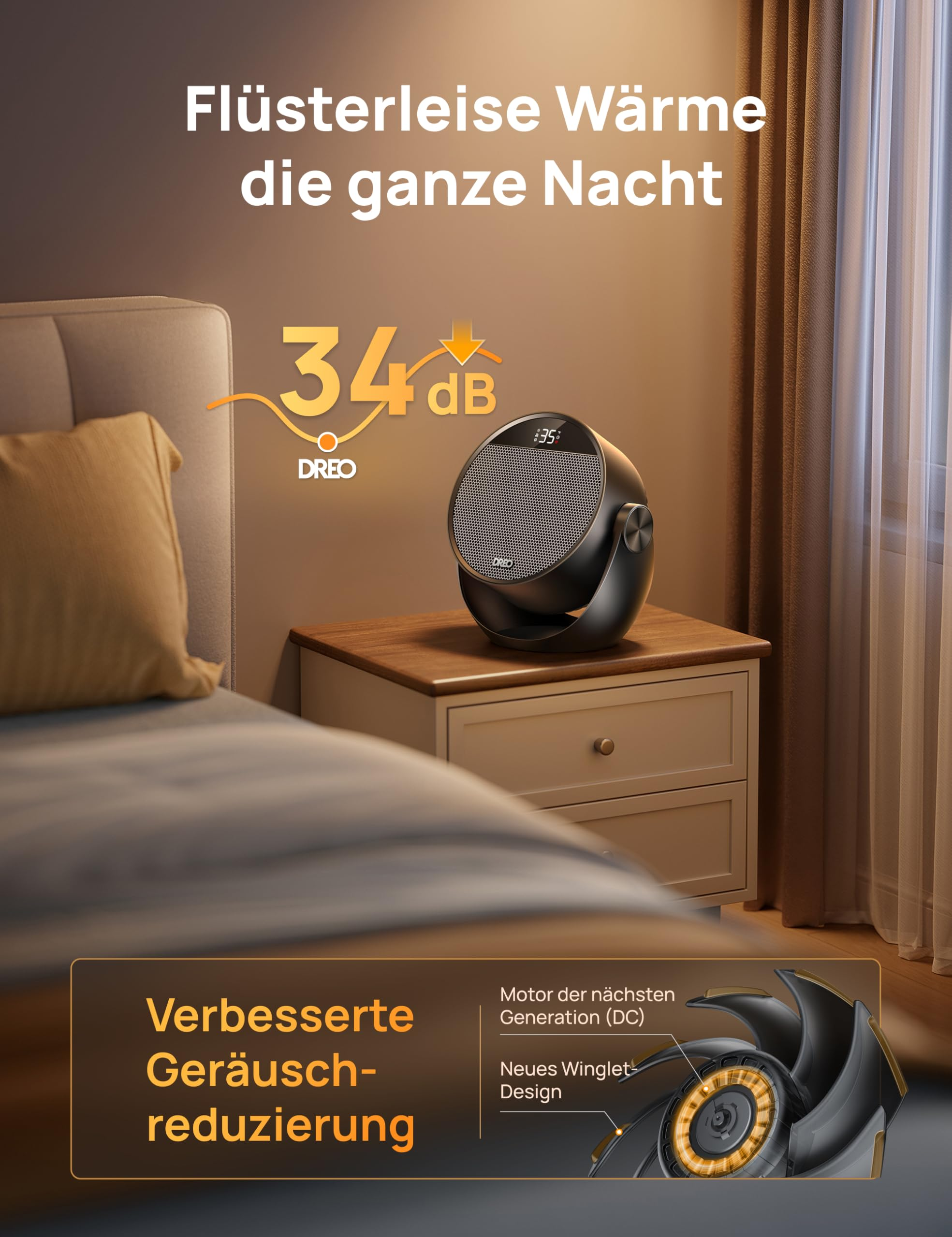 Ein leiser Heizlüfter steht nachts auf einem Nachttisch neben einem Bett mit Text.