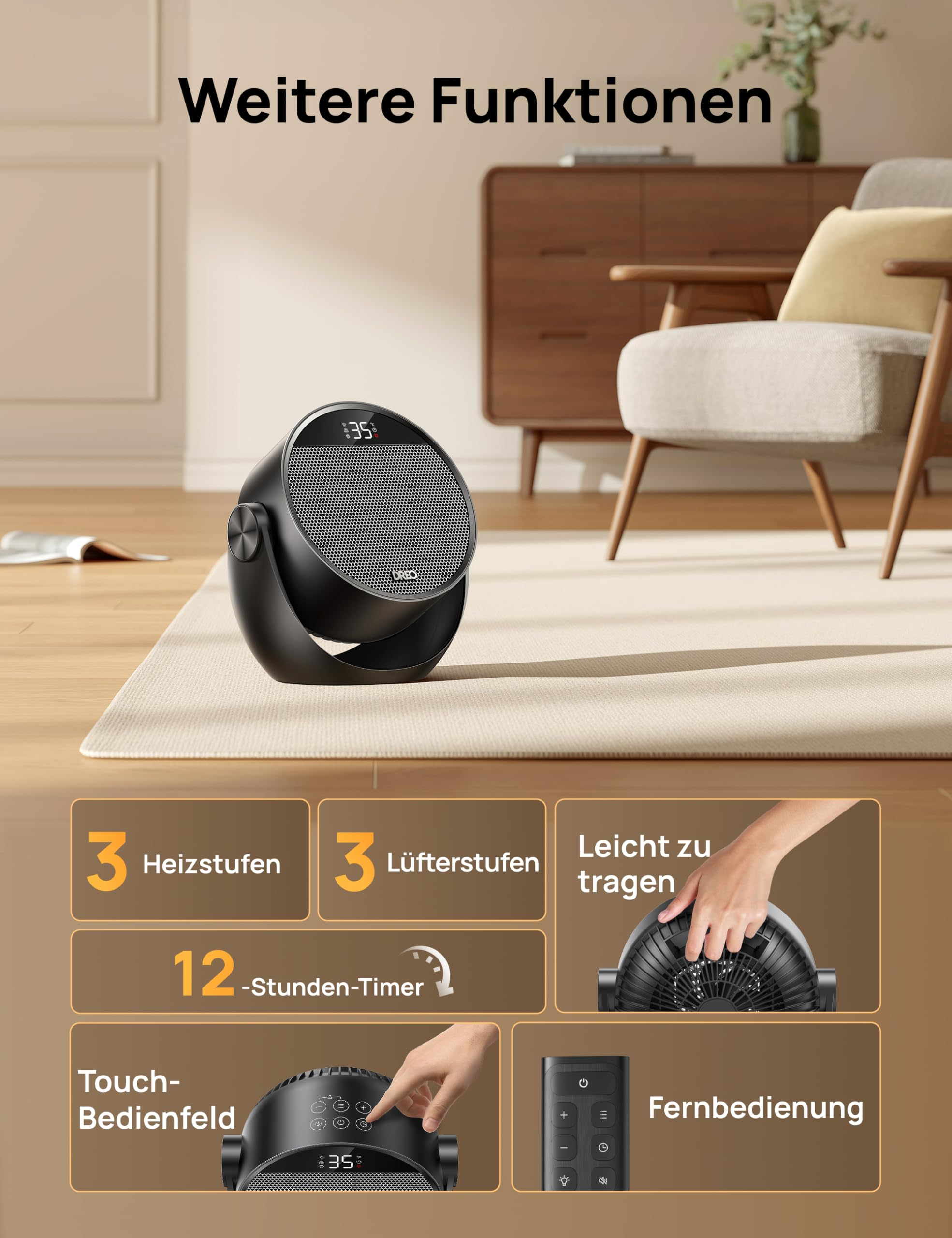 Ein schwarzer Heizlüfter mit Symbolen für 3 Heizstufen, 3 Lüfterstufen, Timer, Touch-Panel und Fernbedienung.