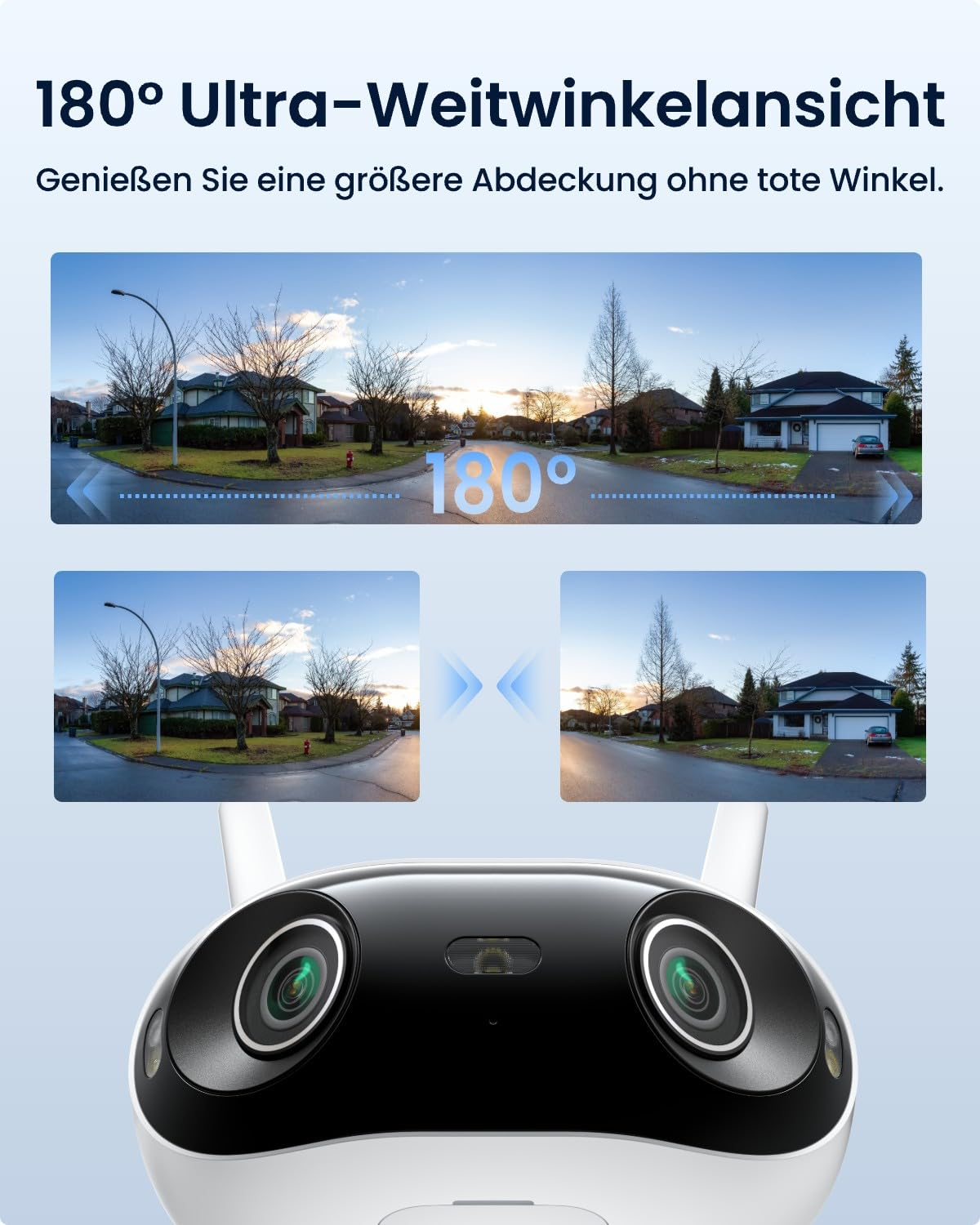 Caméra de sécurité à double objectif affichant une vue grand angle à 180 degrés.