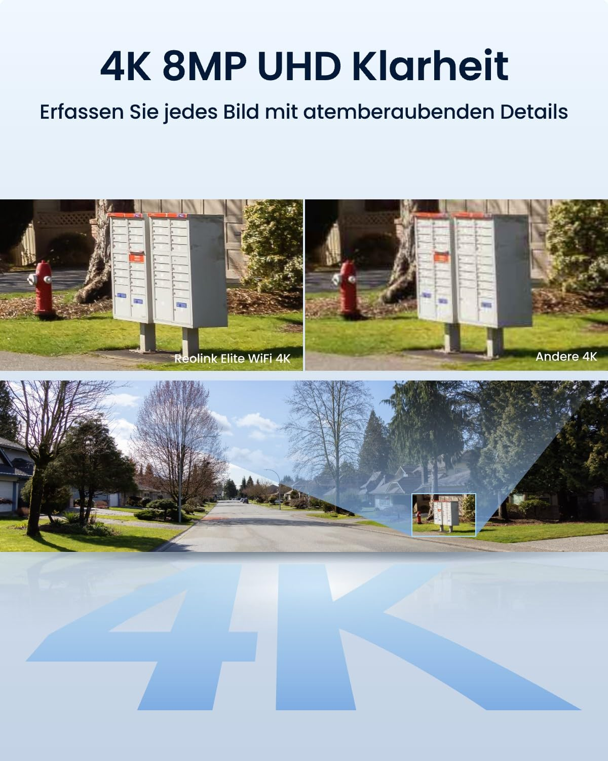 Des images comparatives montrent la clarté nette 4K d'une caméra de sécurité dans une rue.
