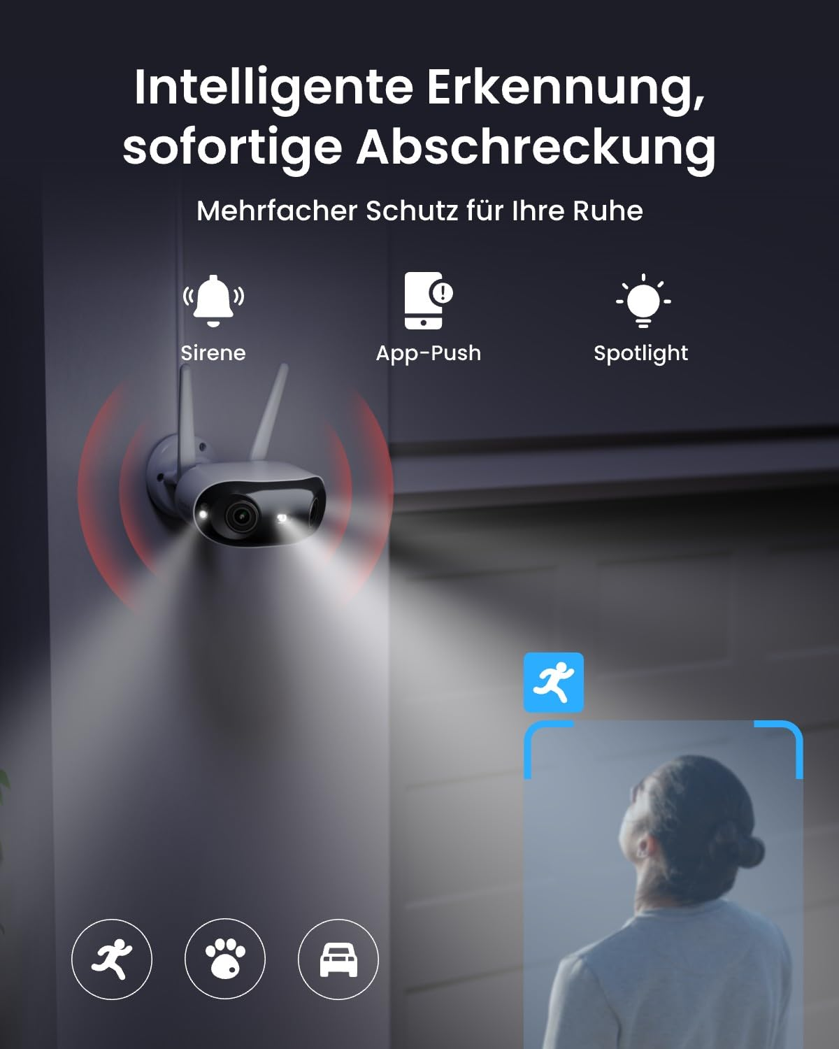 Caméra de sécurité avec projecteur et détection de personnes sur un mur.
