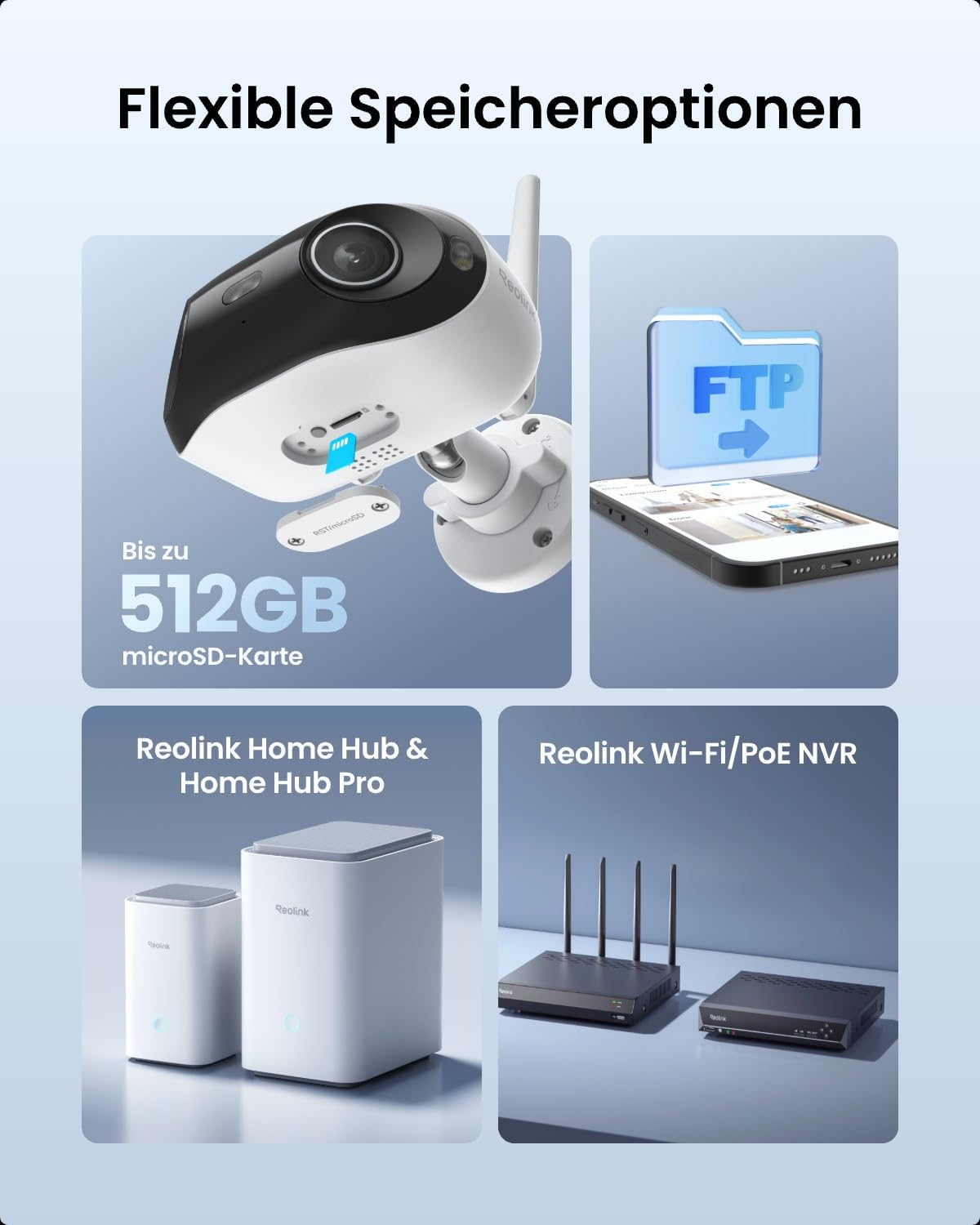 Options de stockage flexibles avec caméra, microSD, FTP, Home Hub et NVR.