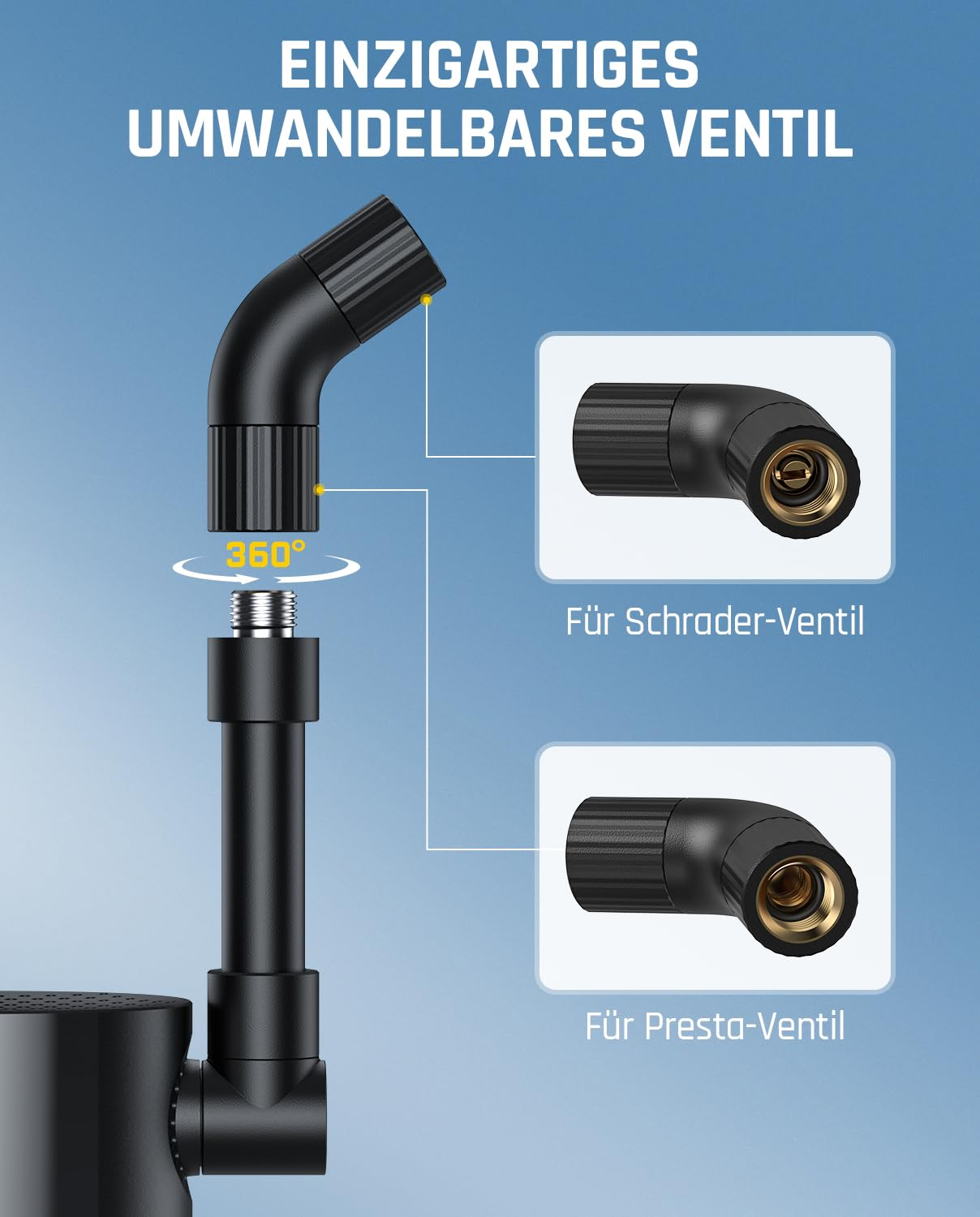Valve convertible unique pour valves Schrader et Presta avec rotation à 360 degrés.