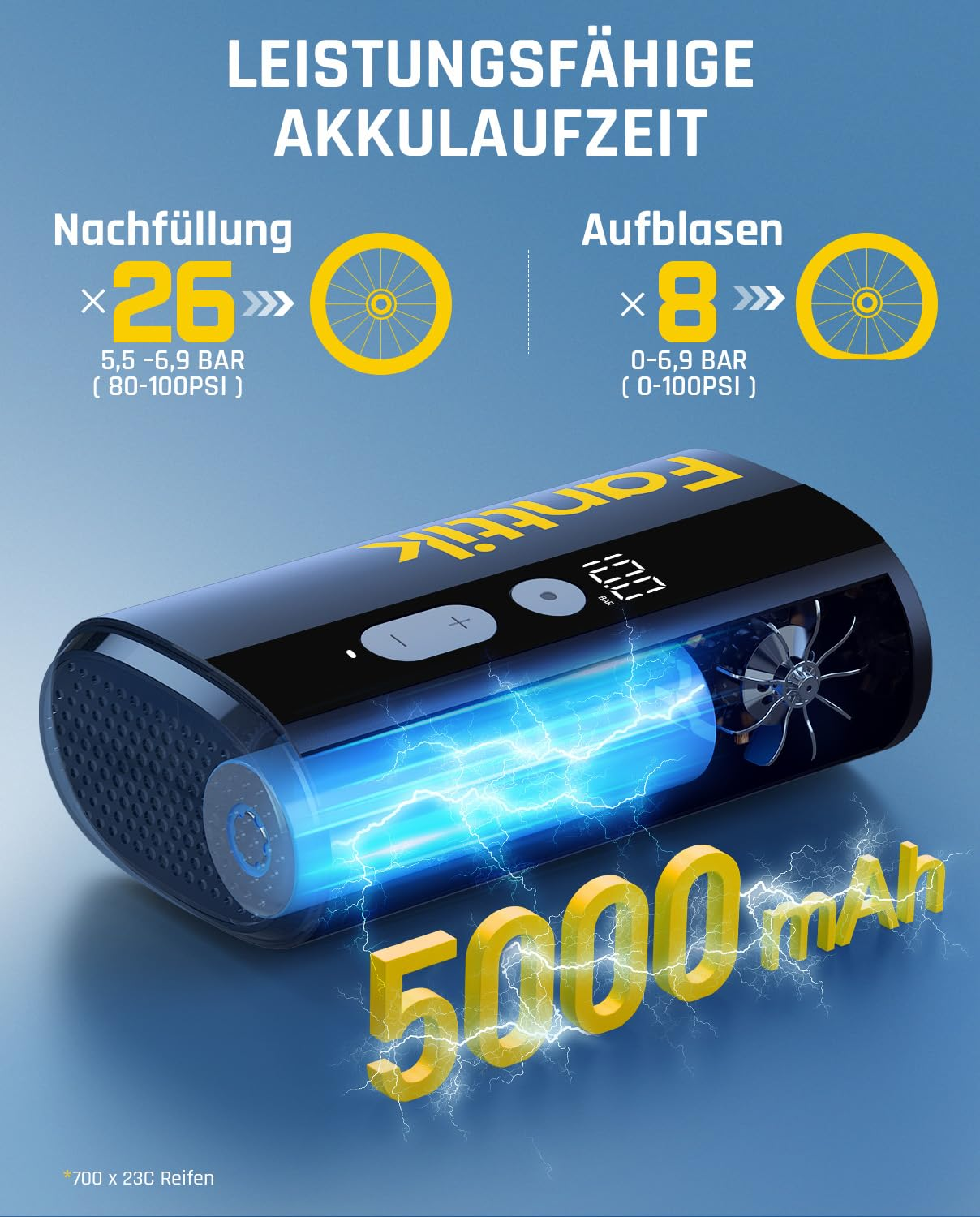 Publicité pour une pompe à air avec batterie 5000 mAh, graphique de batterie bleue lumineuse et texte sur fond bleu.