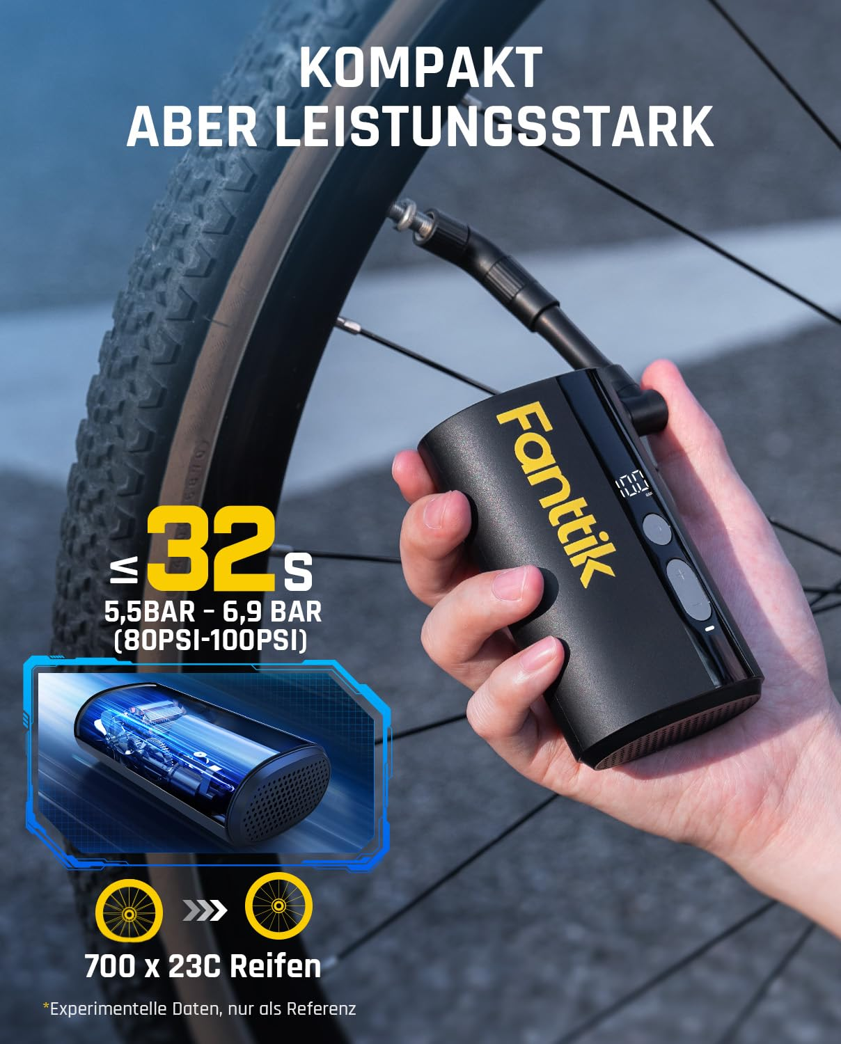 Une main tient une pompe à air Fantik noire compacte sur un pneu de vélo, avec des textes et un diagramme.