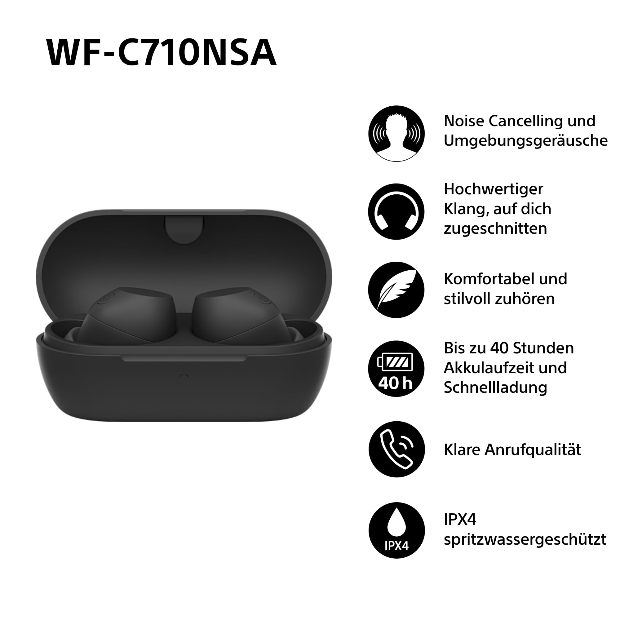 Auricolari in-ear neri WF-C710NSA in custodia di ricarica con sei icone di funzioni.