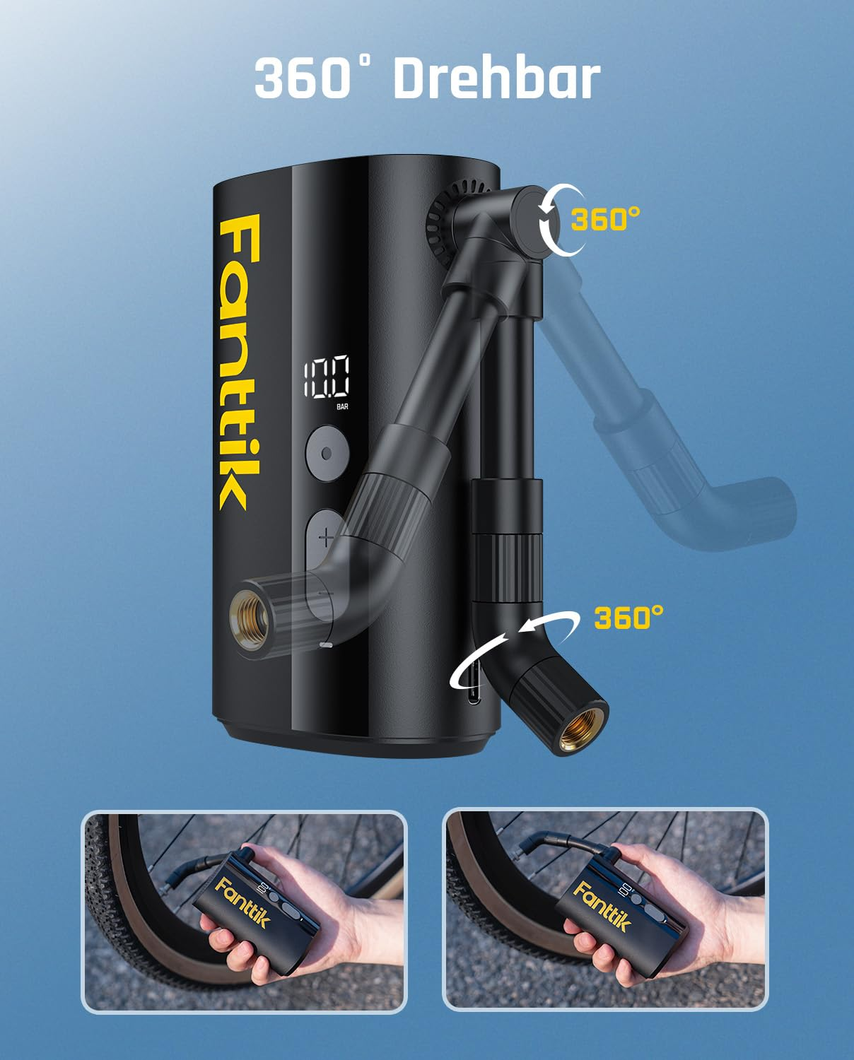 Pompe à air Fanttik noire avec tuyau pivotant à 360 degrés sur fond bleu, montrée en usage sur un vélo en bas.