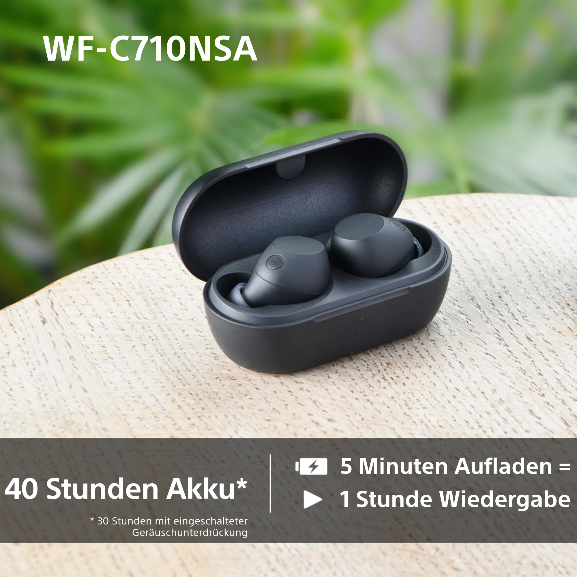 Auricolari wireless neri in una custodia di ricarica su un tavolo di legno chiaro, piante sullo sfondo.