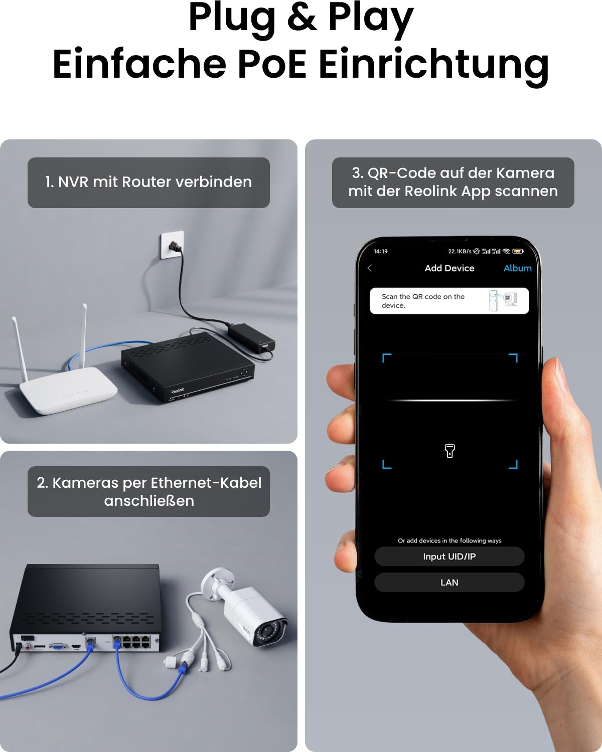 Instructions pour configurer facilement le PoE avec NVR, routeur, caméra et app.