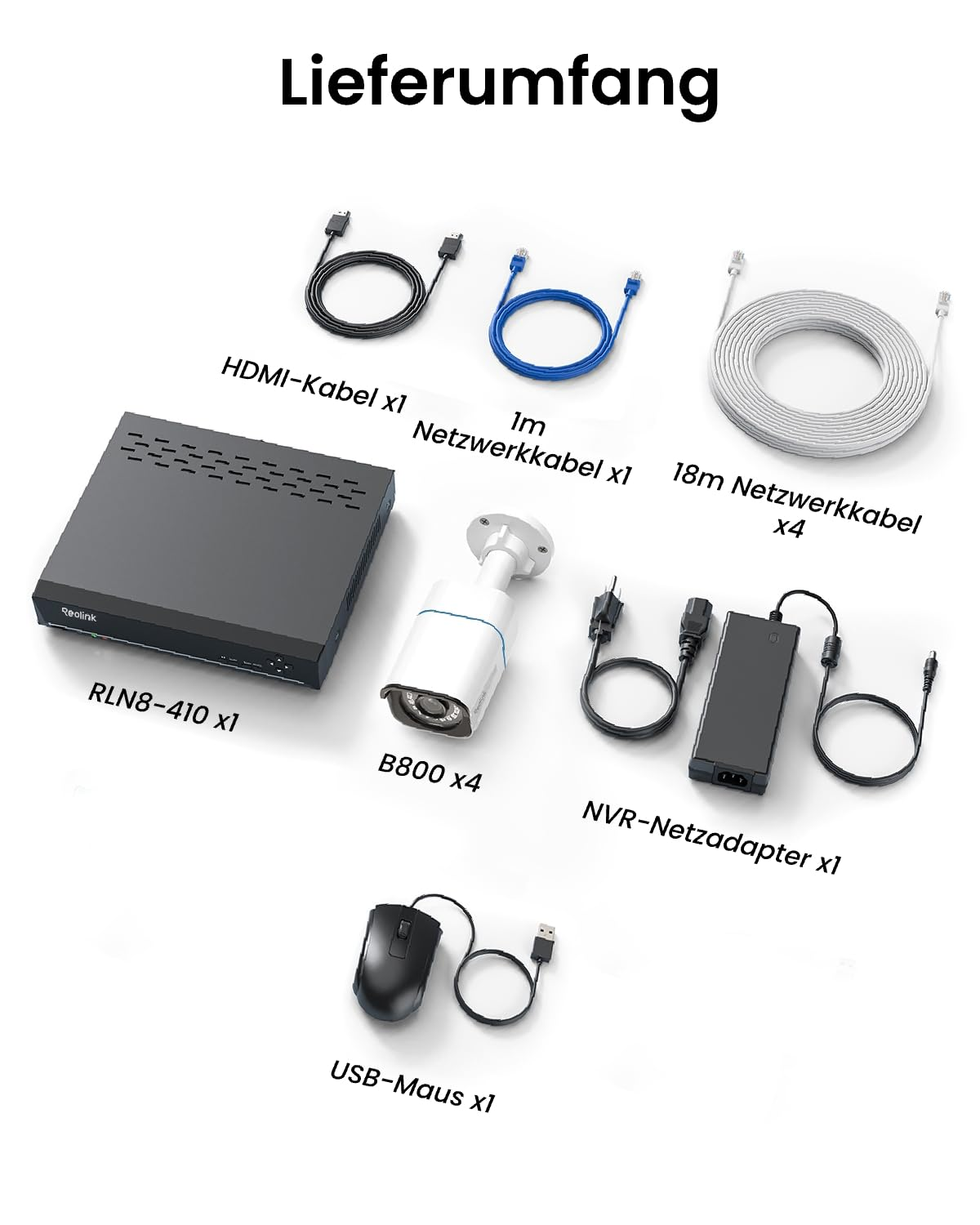 Contenu de l'emballage comprenant un NVR, une caméra, des câbles, un adaptateur et une souris USB.