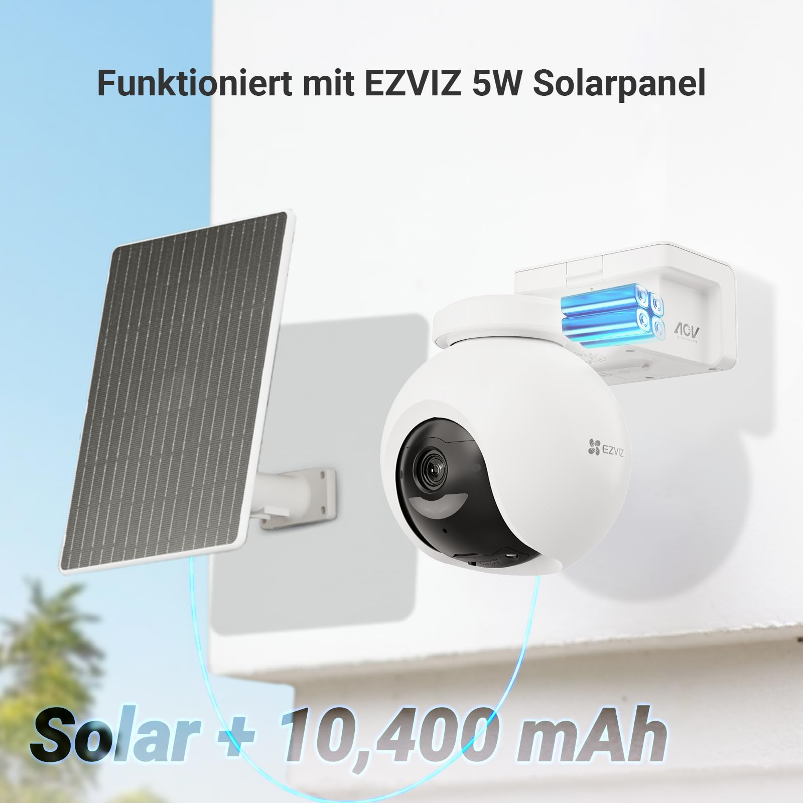 Telecamera di sicurezza bianca con pannello solare collegato e batteria montati a parete.
