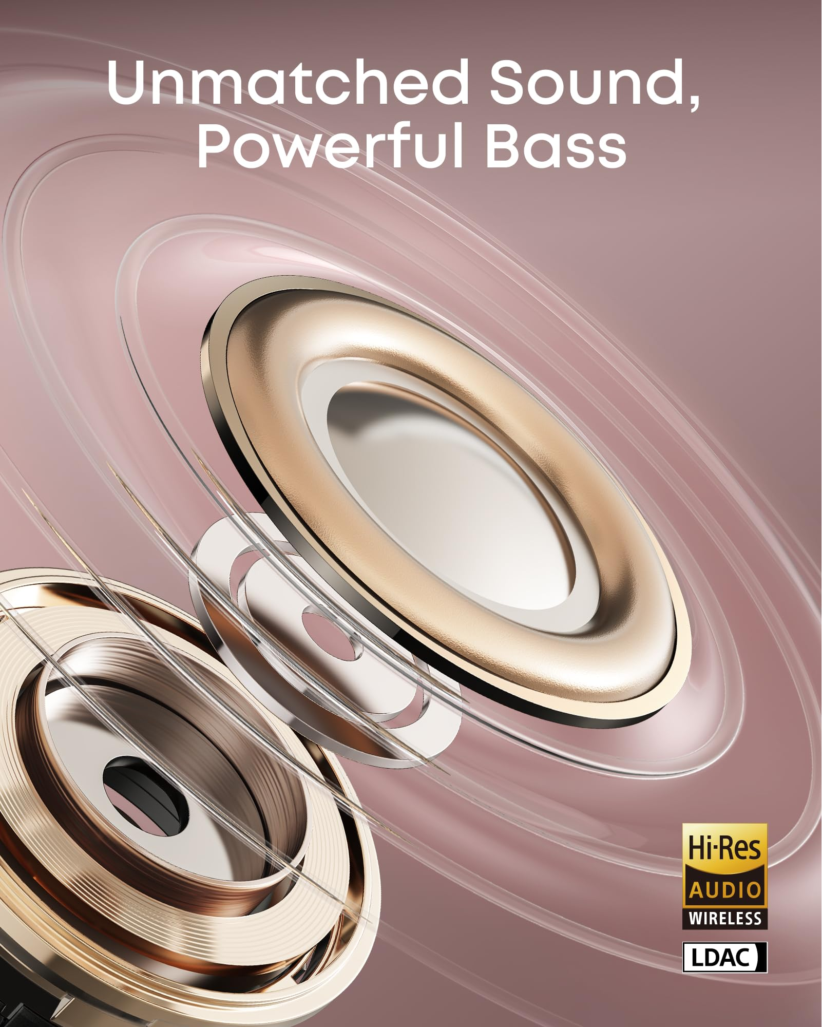Render 3D di un driver per altoparlante dorato con onde sonore su sfondo rosa e logo Hi-Res Audio Wireless.